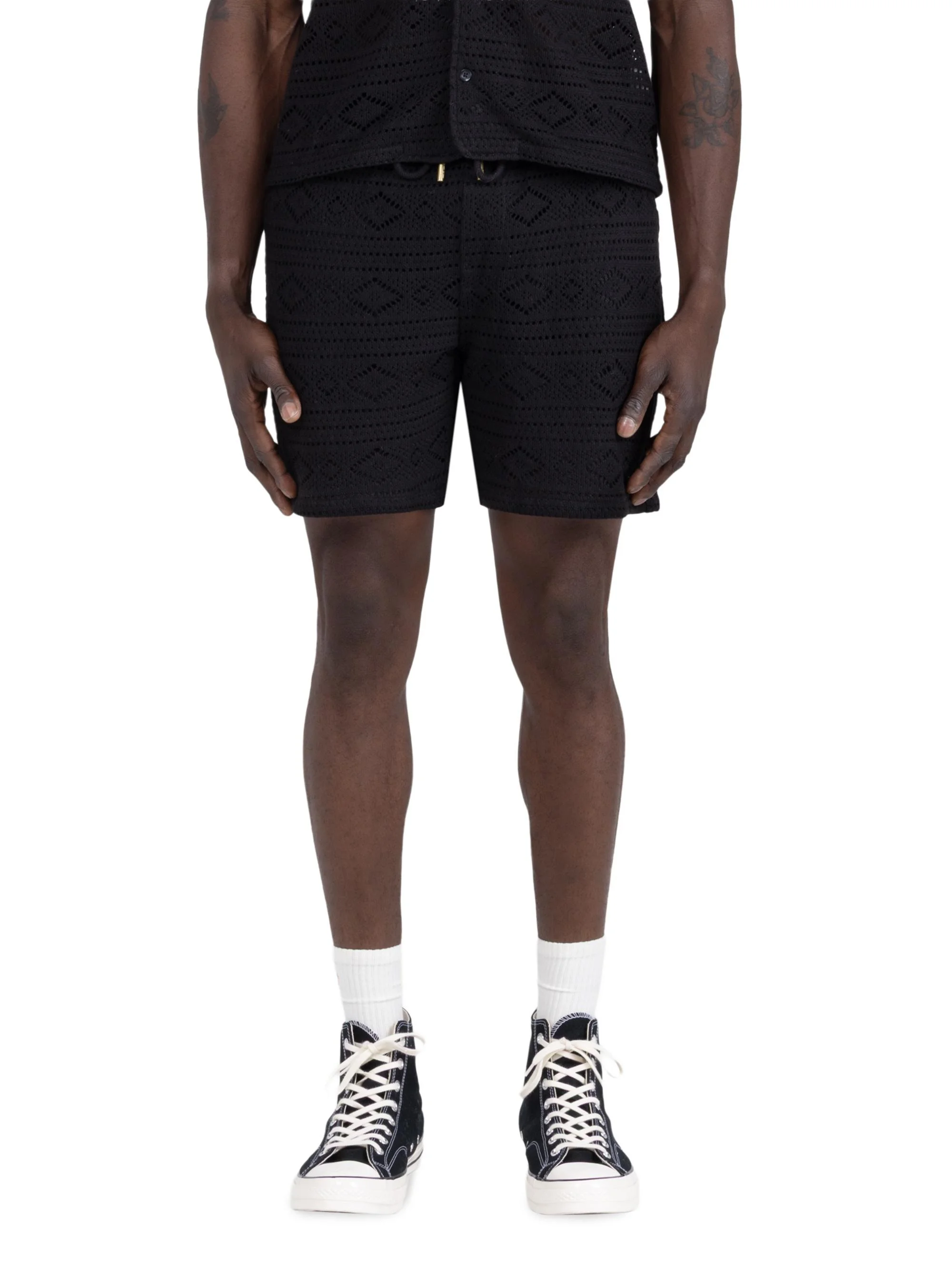 Men's Pointelle-Knit Crocheted Drawstring Shorts - Black - 1