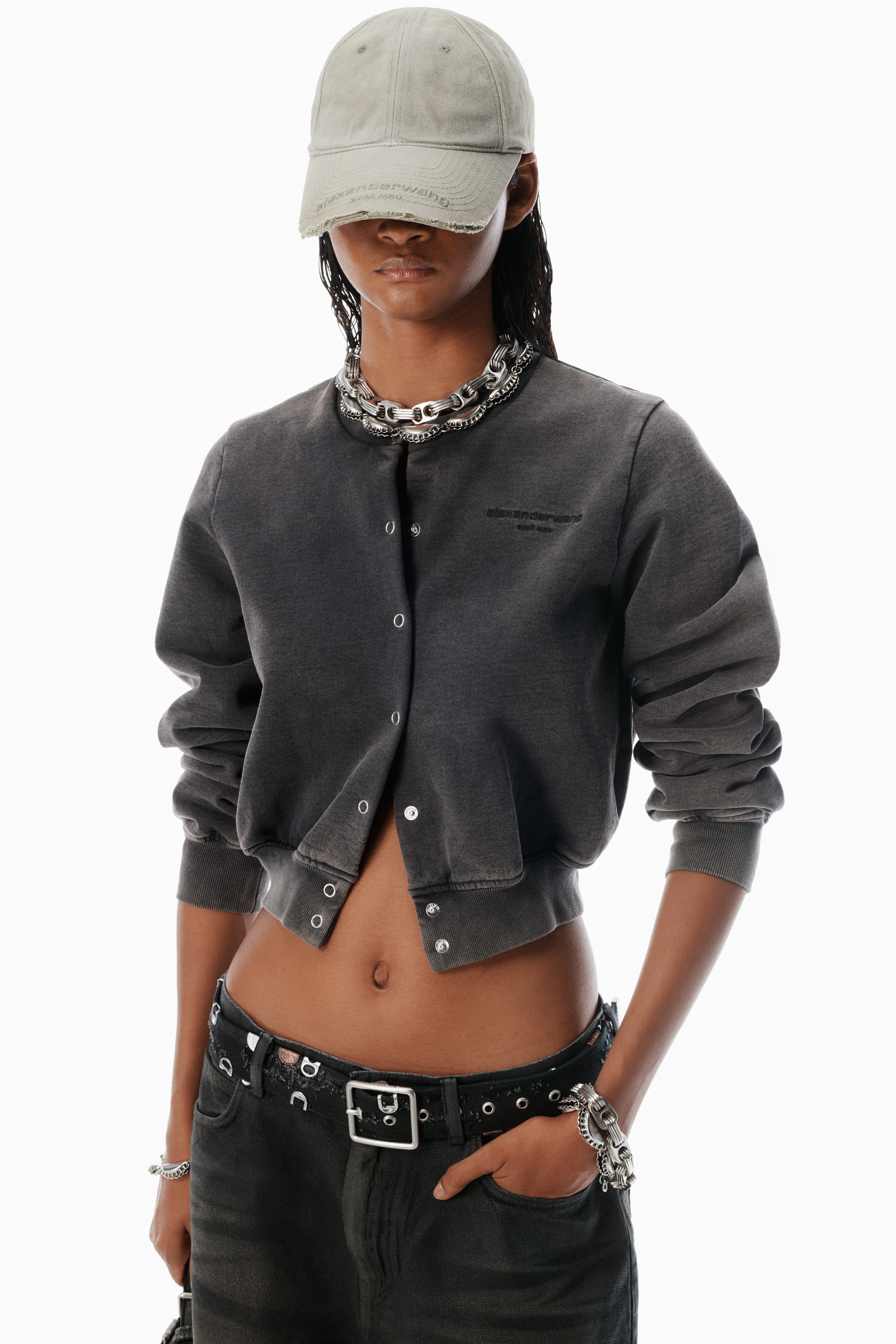 Black Cotton Terry Shrunken Cardigan - 3