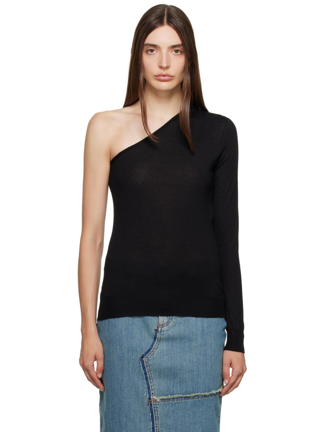 Black Single-Shoulder Sweater - 1