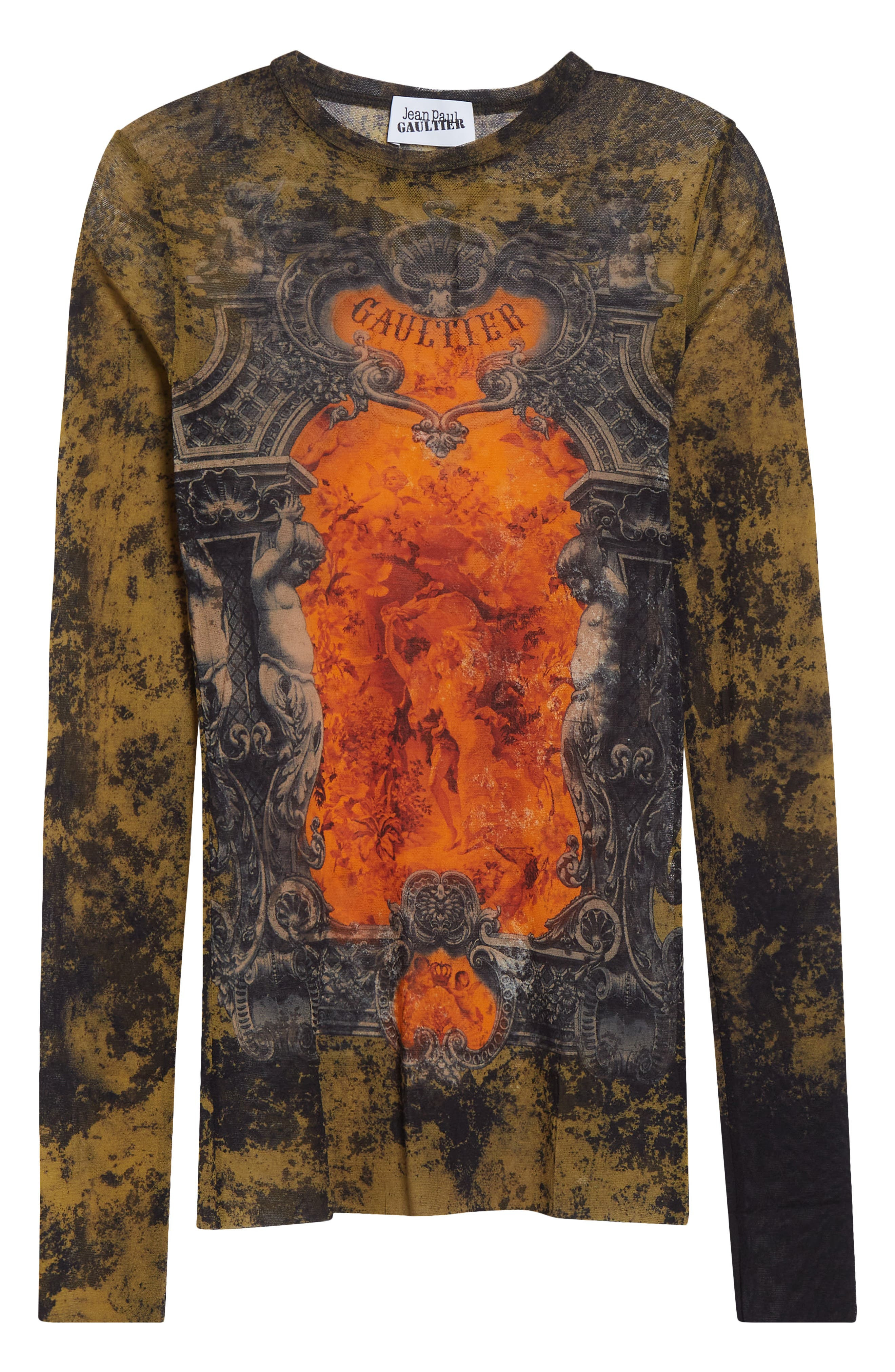 Jean Paul Gaultier Medallion Print Long Sleeve Mesh Top in Black/Khaki/Orange at Nordstrom - 6