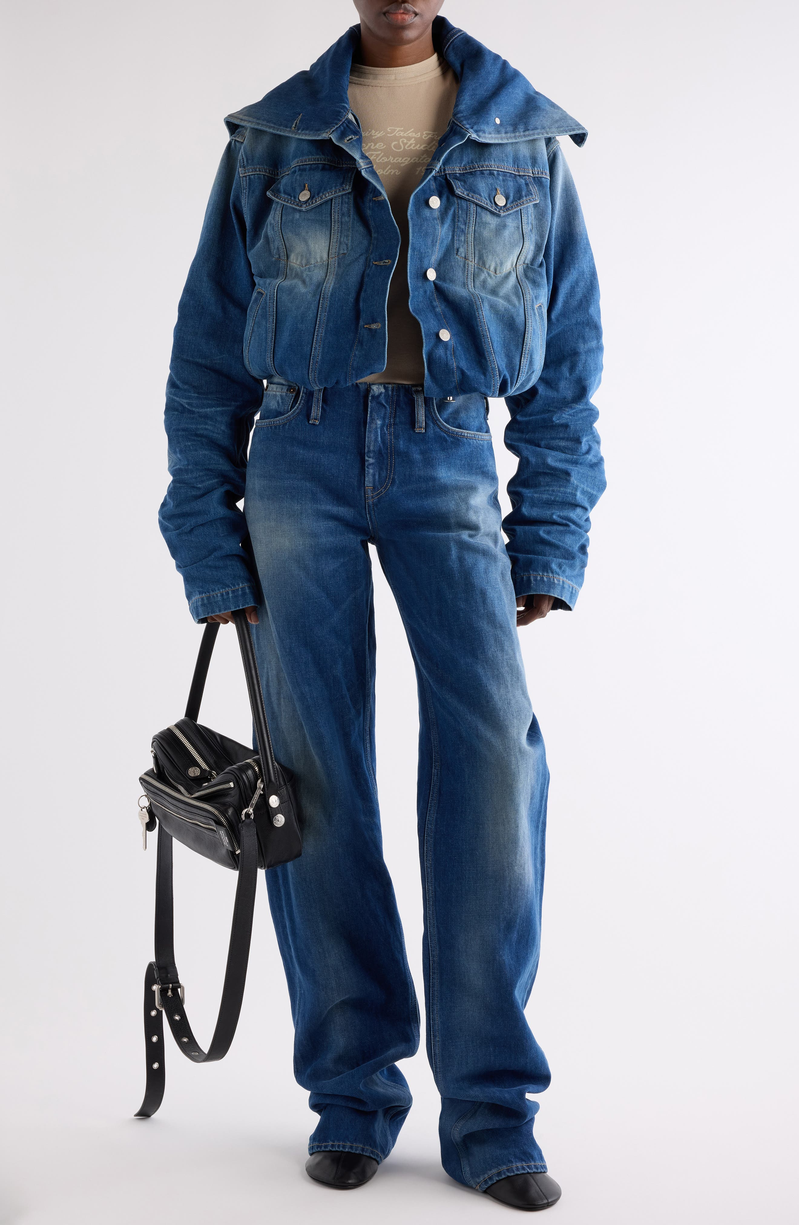 Acne Studios Orim Ruched Sleeve Denim Jacket in Mid Blue at Nordstrom - 2