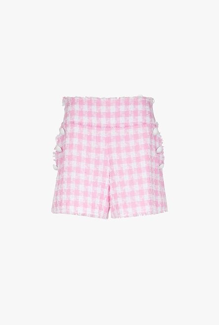 High-waisted white and pale pink tartan tweed shorts - 1
