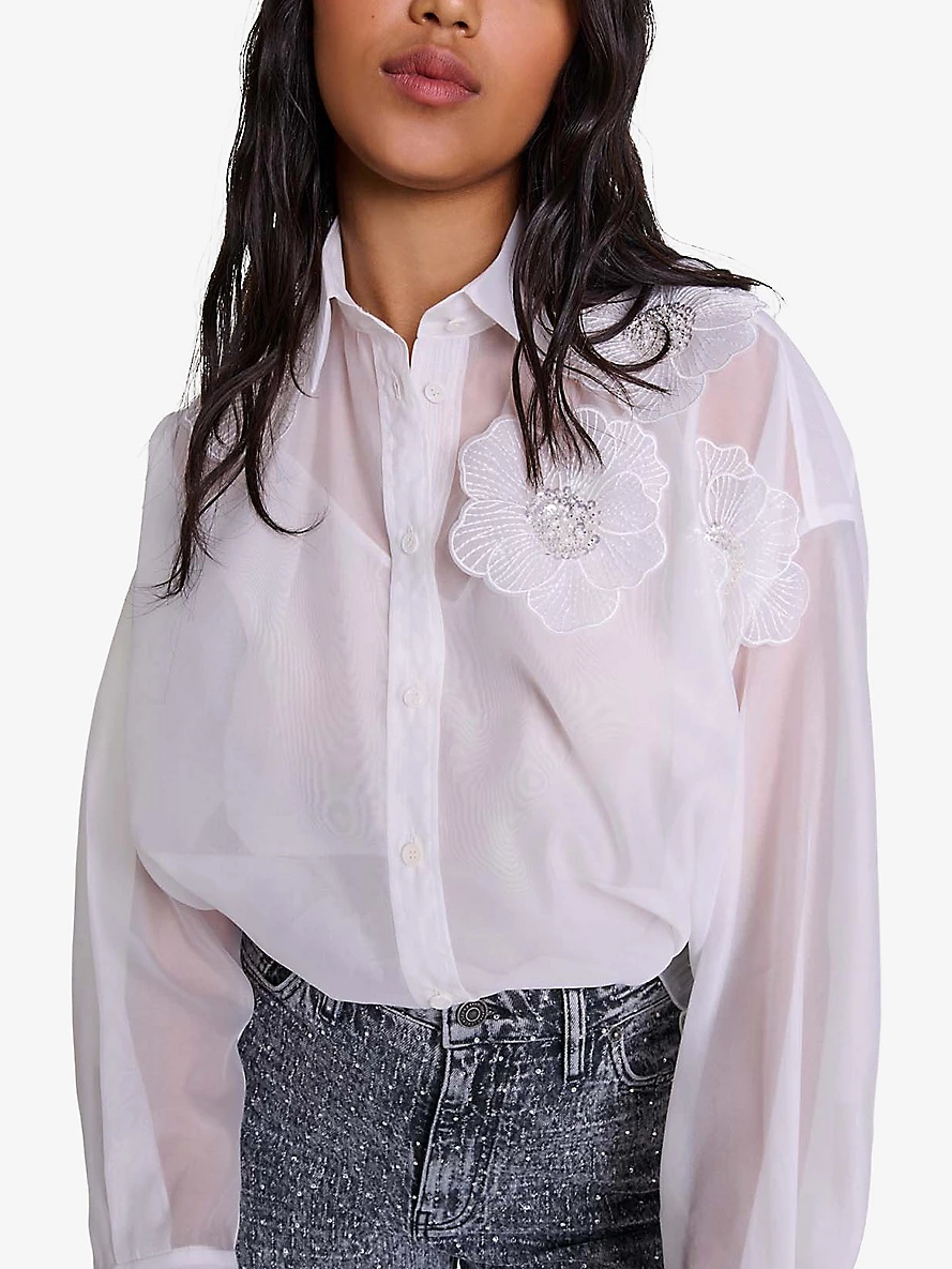 Flower-embroidered relaxed-fit organza woven shirt - 7