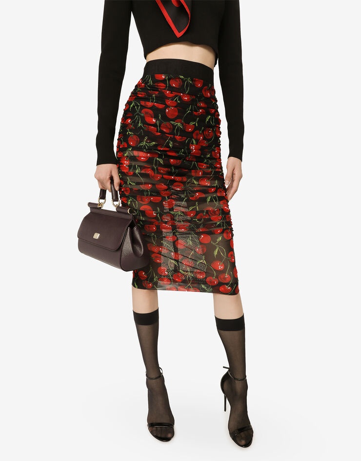Cherry-print tulle midi skirt with branded elastic and draping - 4
