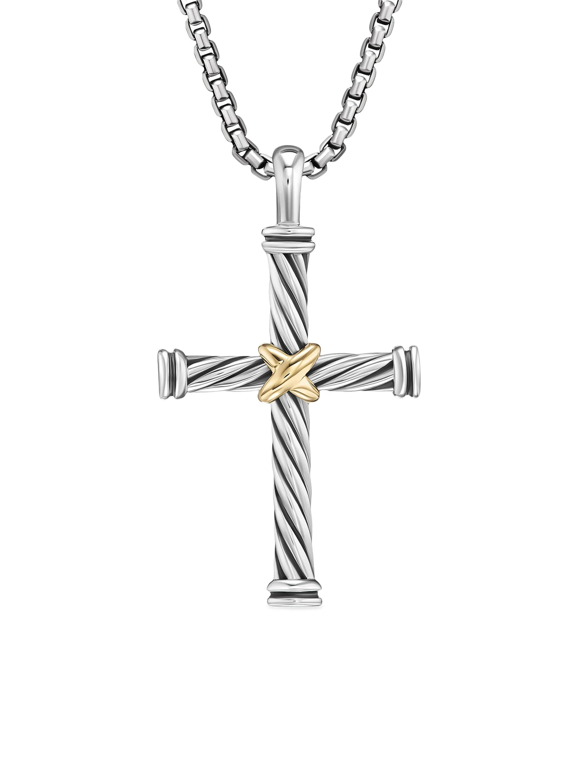 Men's Cable Cross Pendant in Sterling Silver with 18K Yellow Gold, 35MM - Silver Gold - 1