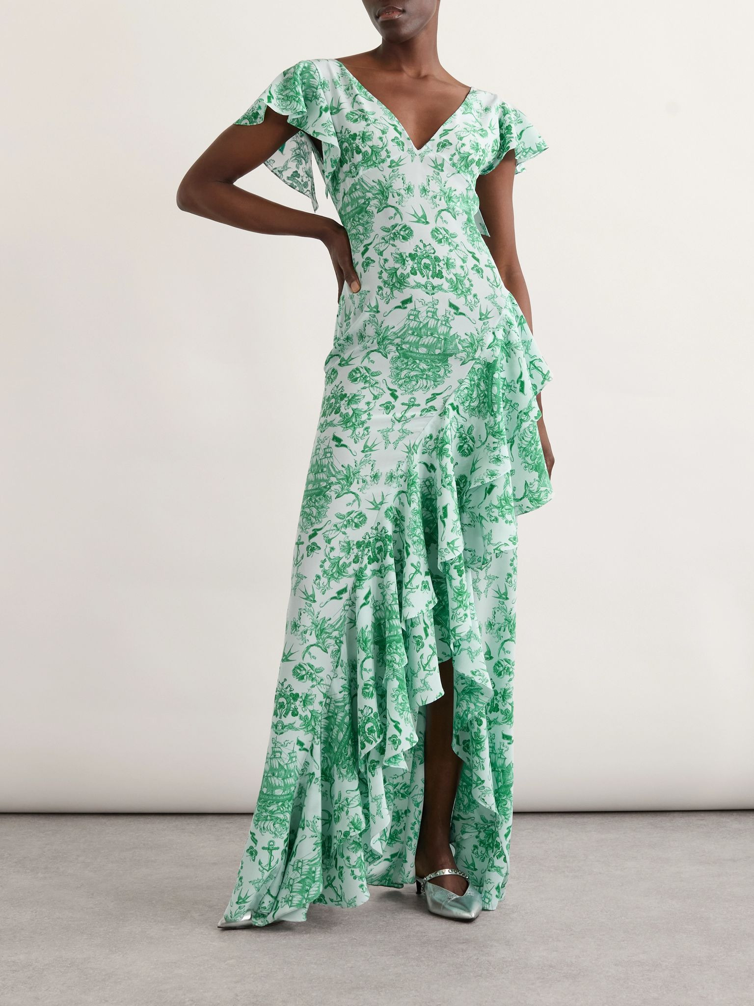 Asymmetric ruffled printed silk-satin maxi dress Green - 2