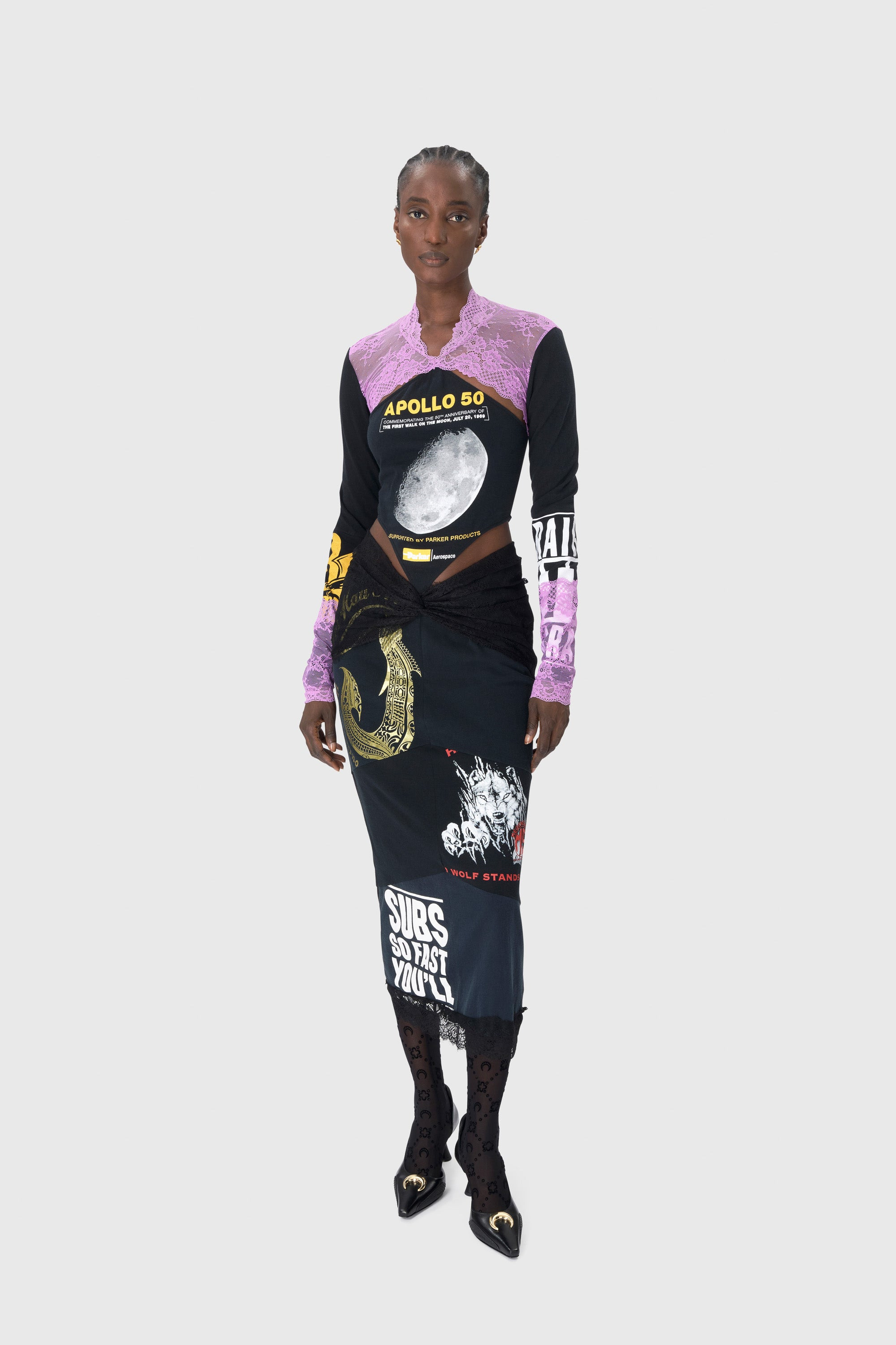 Regenerated T-Shirts And Lace Midi Dress - 2