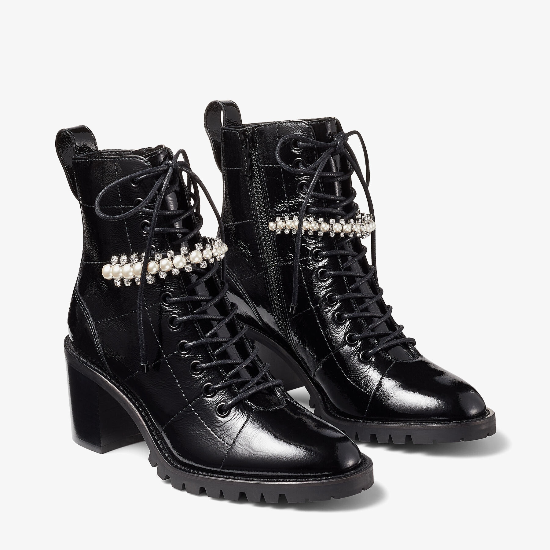 Cruz 65
Black Naplack Lace-Up Combat Boots with Crystal and Pearl Detailing - 3