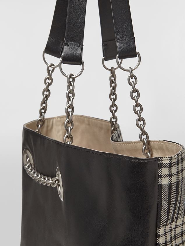 CHECK WOOL SHOPPING BAG WITH LEATHER HANDLES - 5