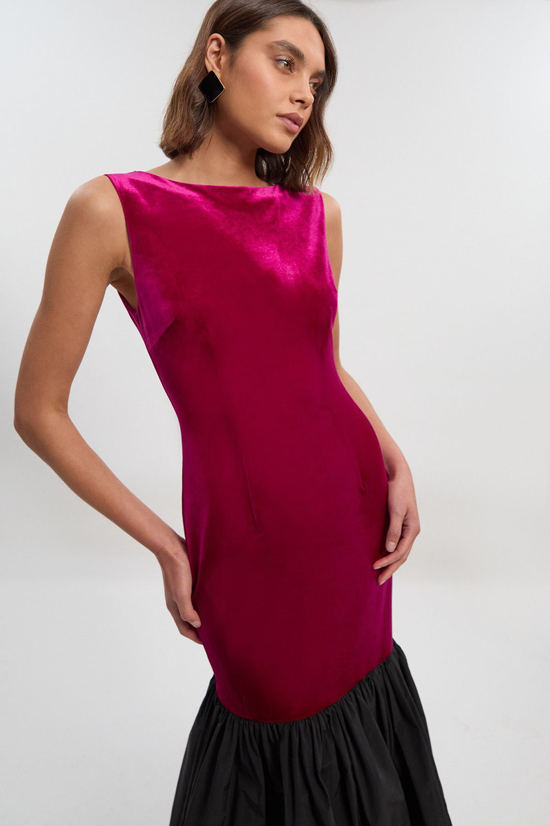 Velvet Sleeveless Body With Taffeta Drop Waist Maxi Dress 1