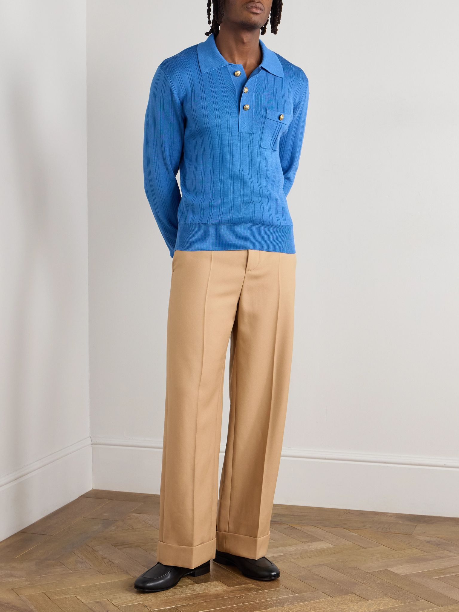 Ribbed Cotton Polo Shirt Blue - 2