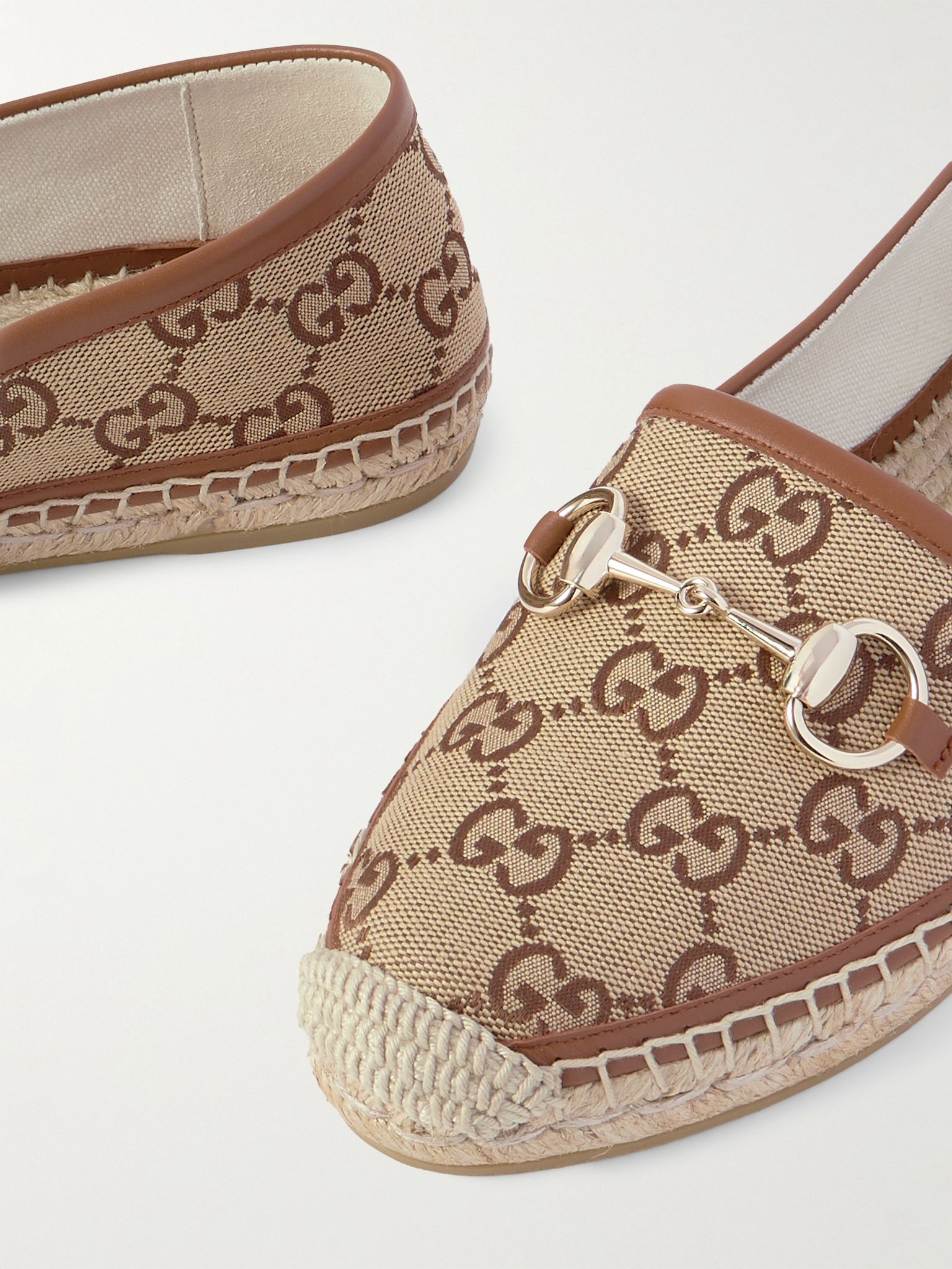 Pilar horsebit-embellished leather-trimmed logo-jacquard canvas espadrilles Camel - 4
