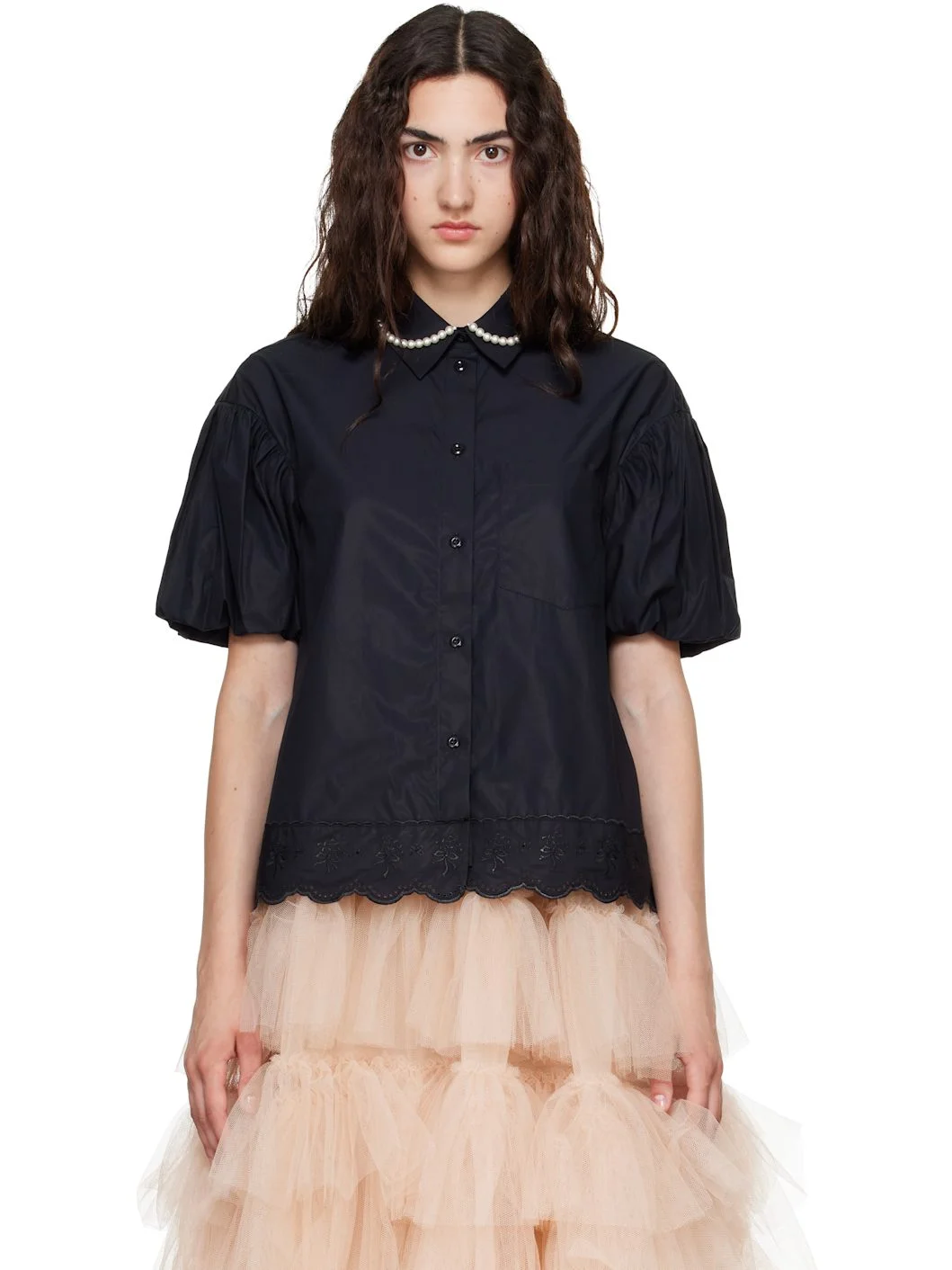 Black Cropped Puff Sleeve Lace Trim Shirt - 1