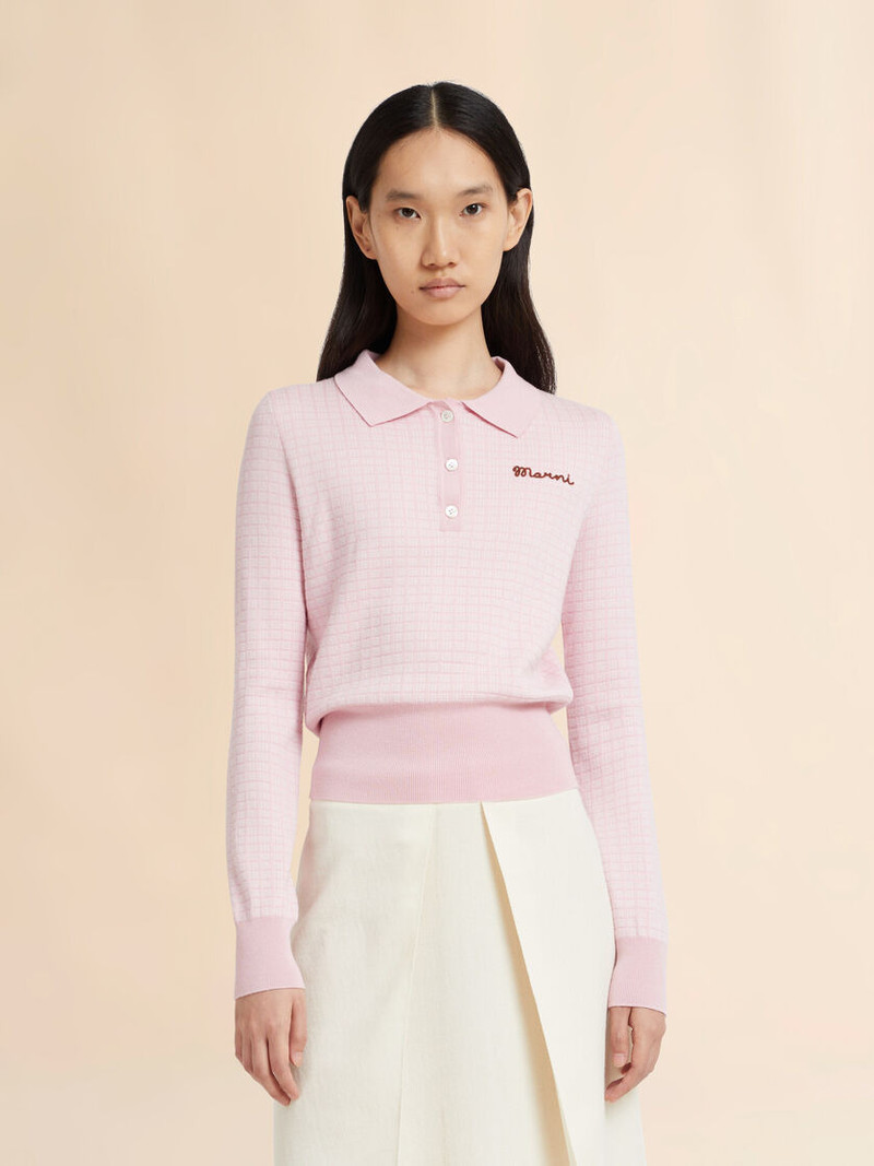 Marni PINK WOOL-SILK POLO SHIRT WITH JACQUARD CHECK outlook