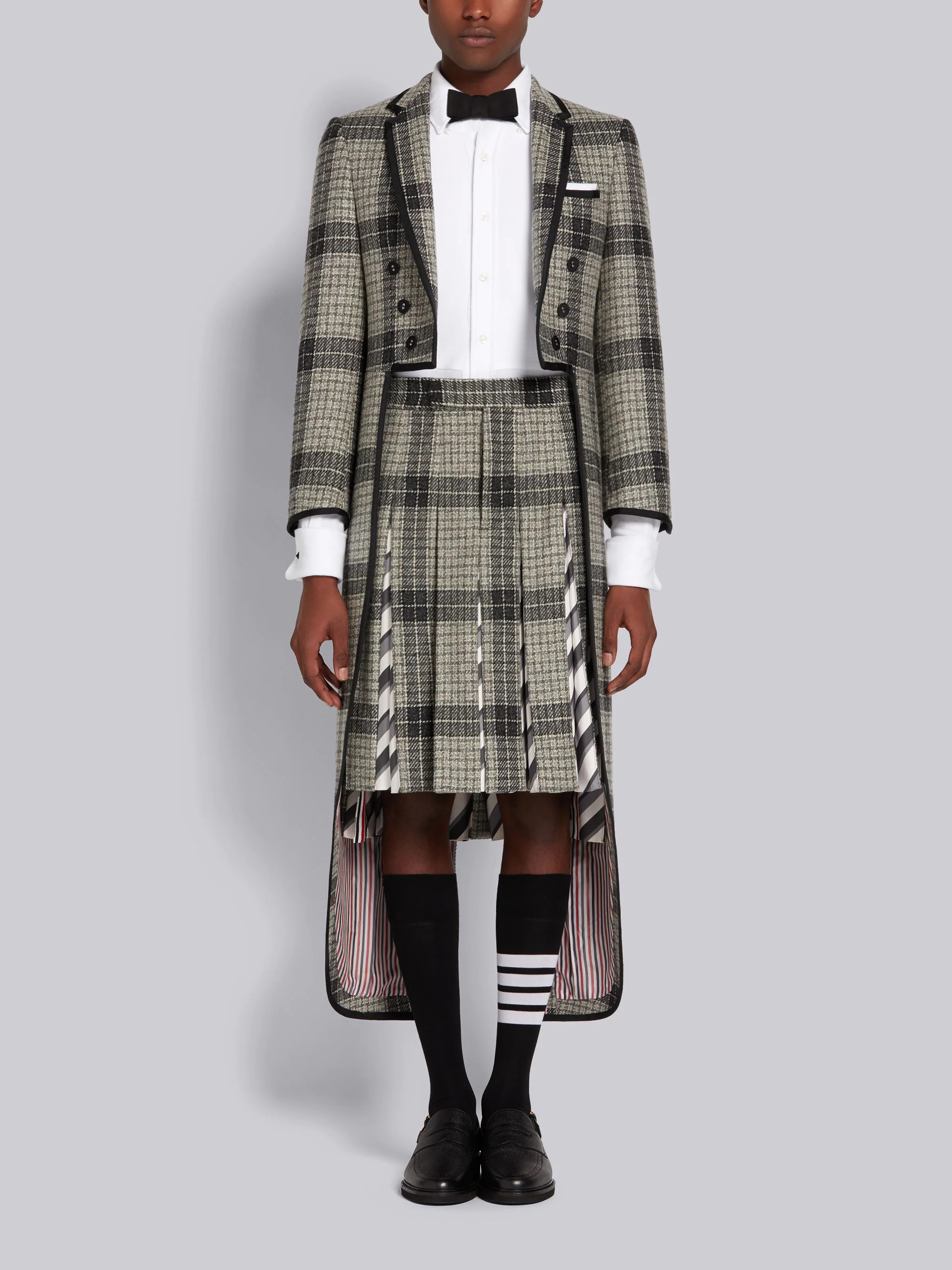 Medium Grey Grid Windowpane Check British Wool Combo Insert Classic Rise Backstrap Pleated Skirt - 4