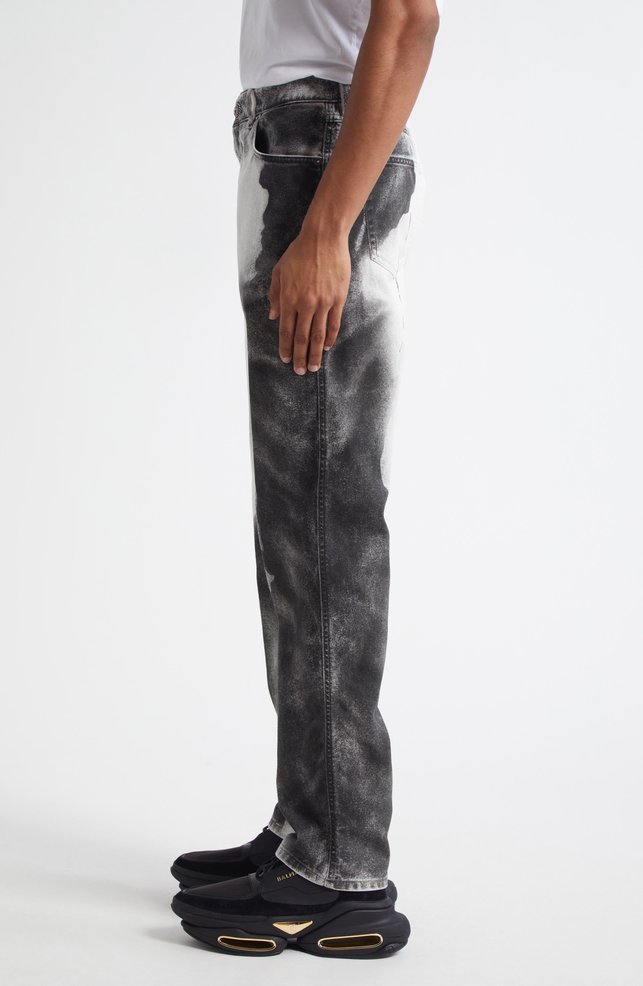 Balmain Moon Print Straight Leg Jeans in White/Black at Nordstrom - 4