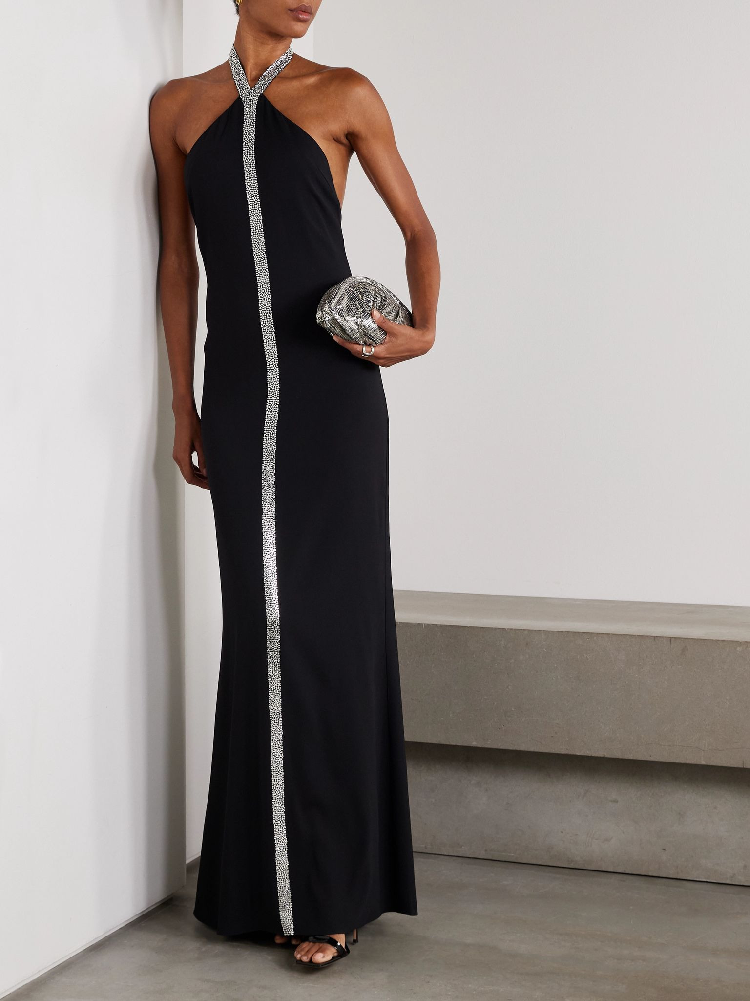 Acropoli Swarovski crystal-embellished crepe halterneck gown Black - 2