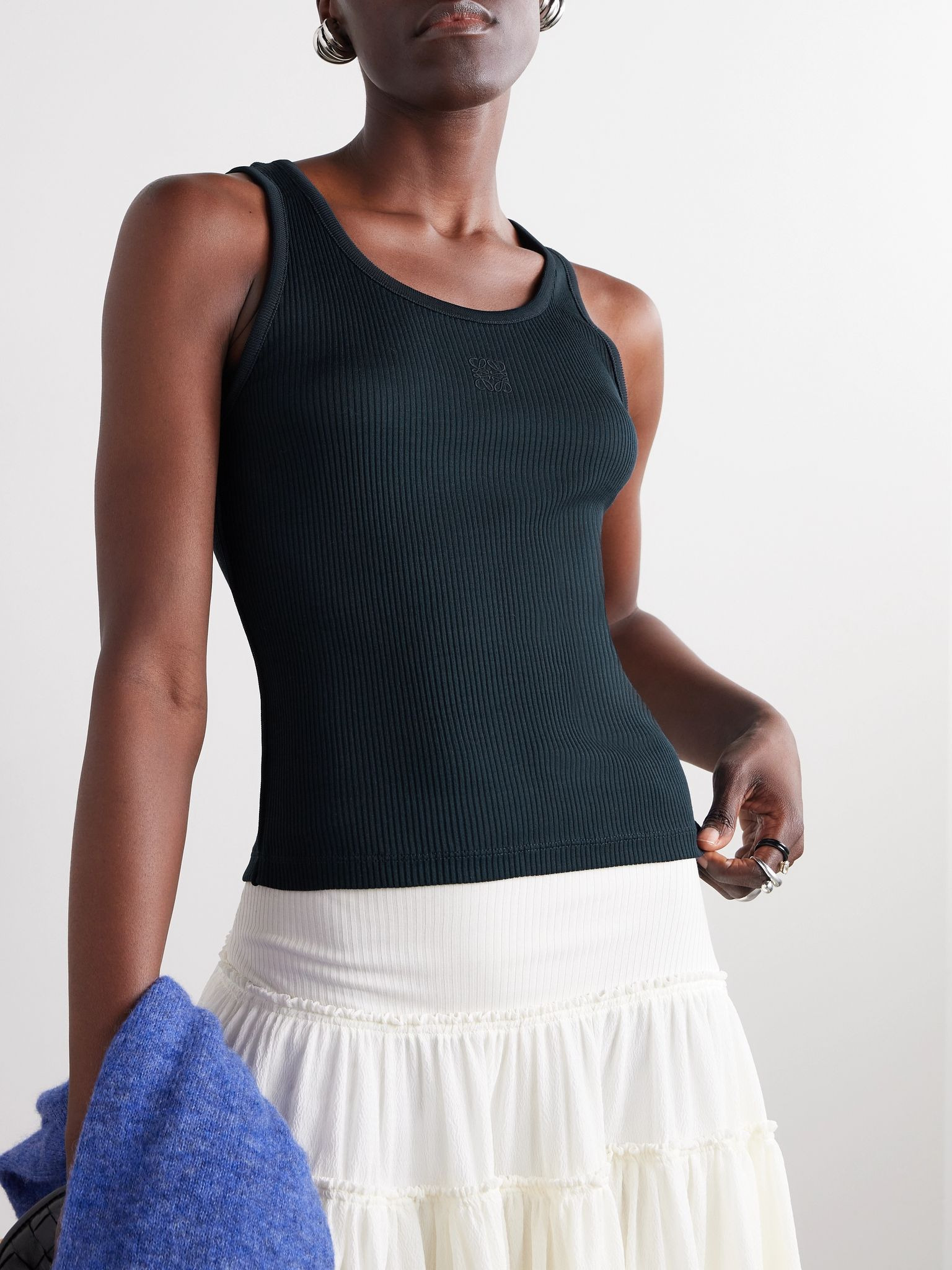 Embroidered ribbed silk tank Navy - 3