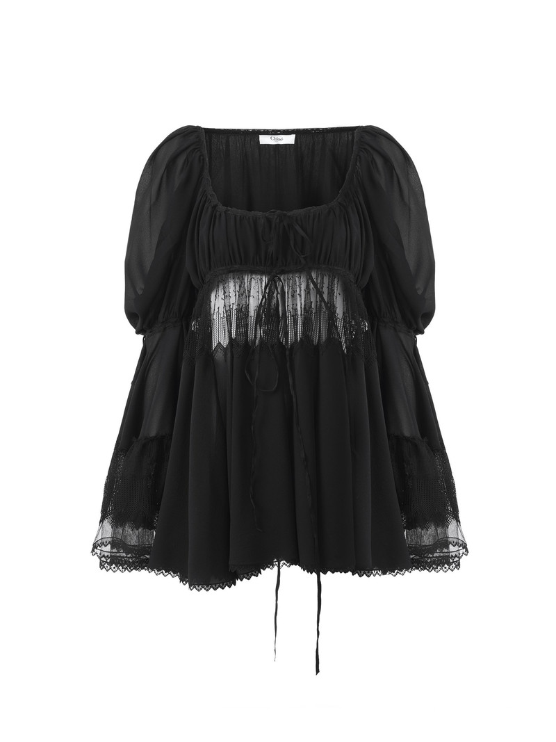 SCOOP-NECK PUFF-SLEEVE TOP IN SILK GEORGETTE & LACE 1
