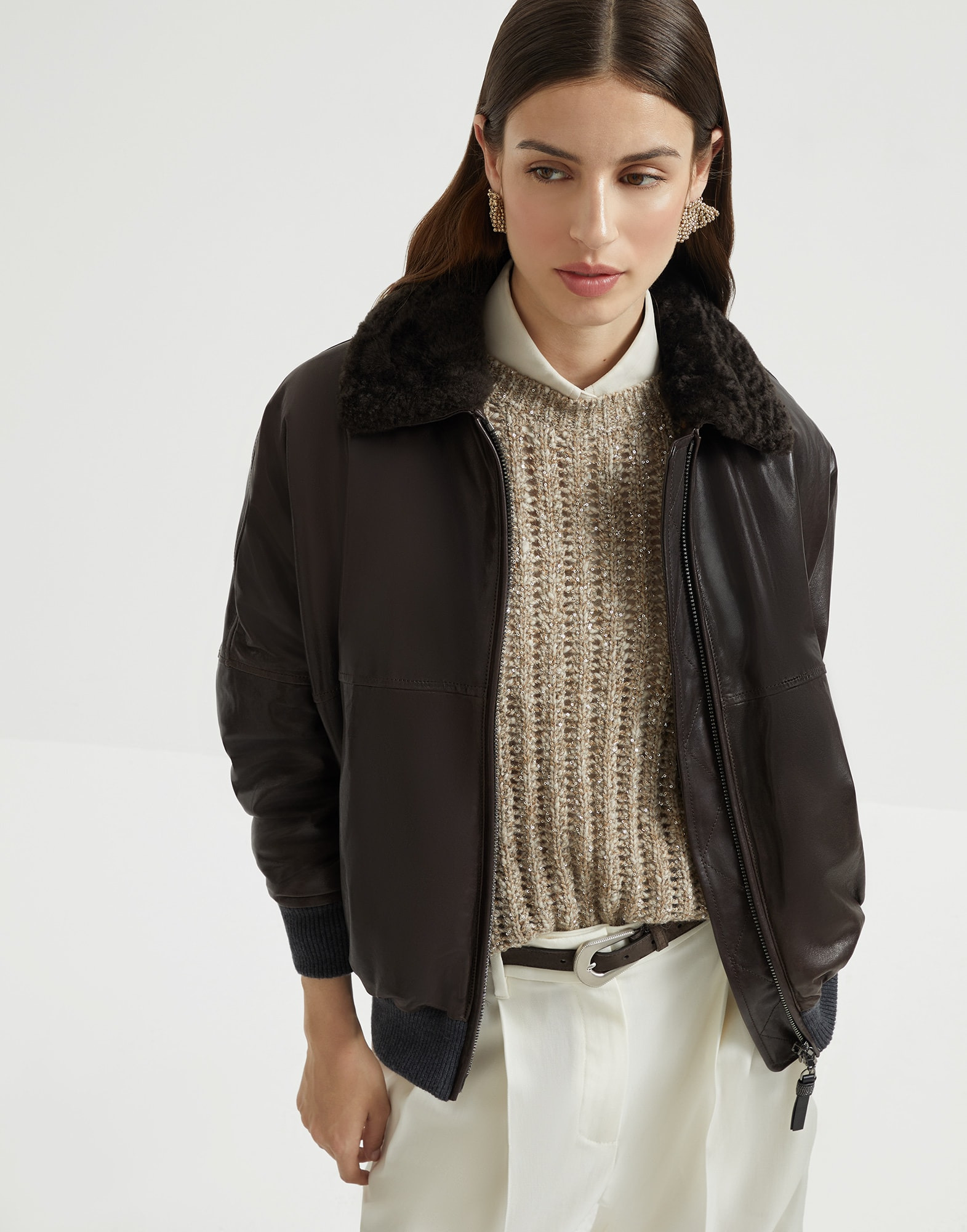Nappa leather aviator bomber with detachable shearling collar monili - 4