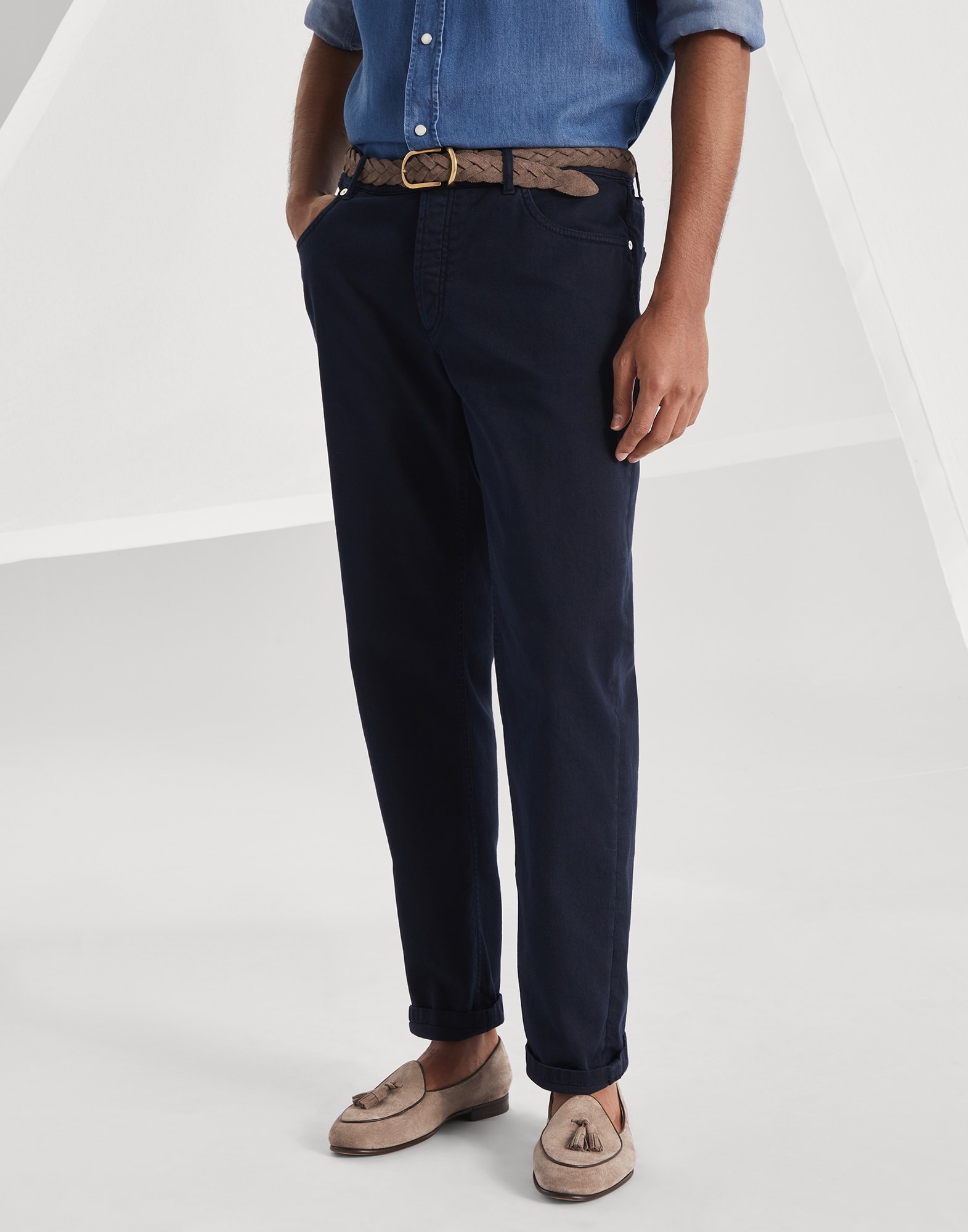Garment-dyed comfort lightweight denim traditional fit five-pocket trousers - 1