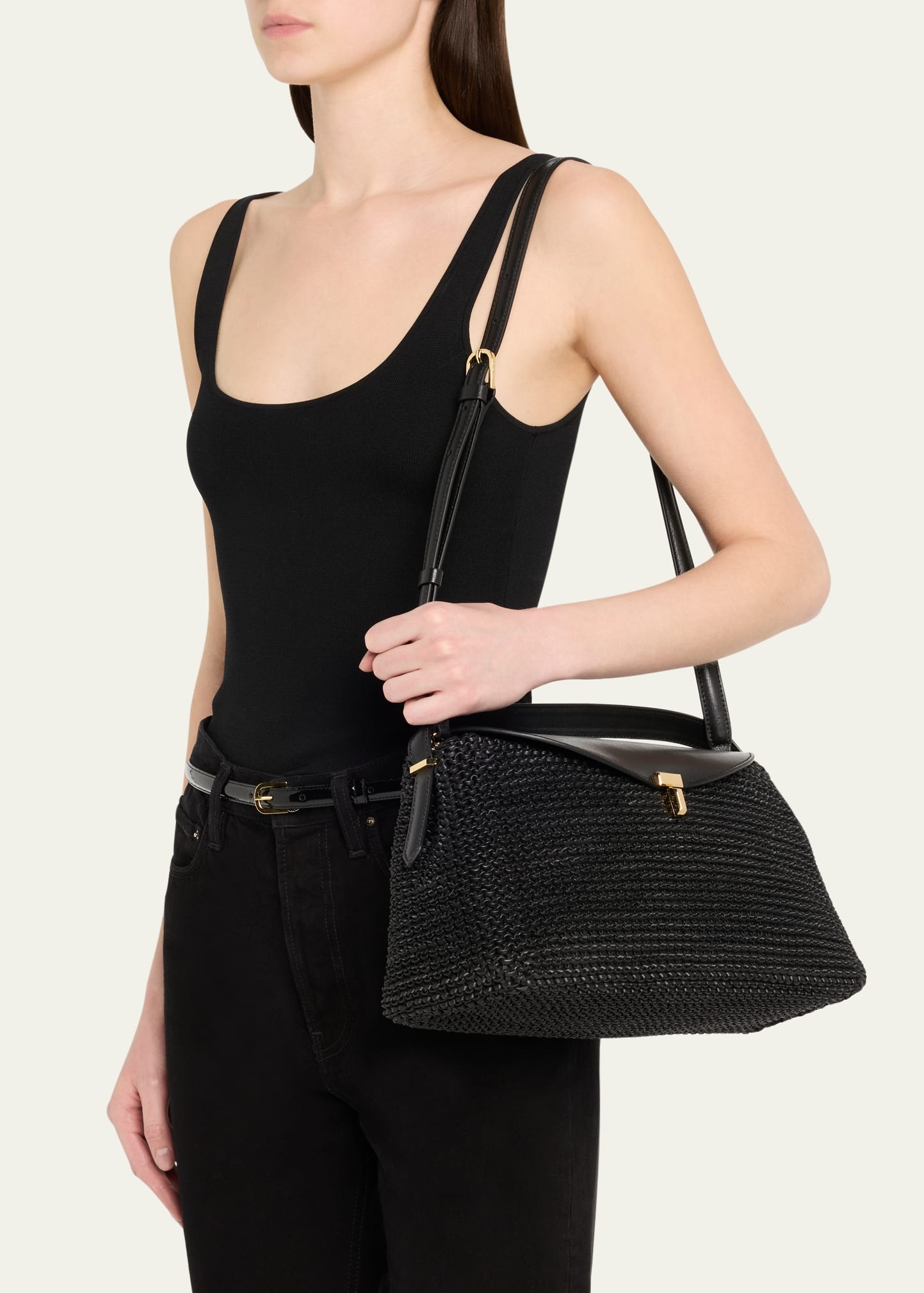 T Lock Woven Leather Top-Handle Bag - 2