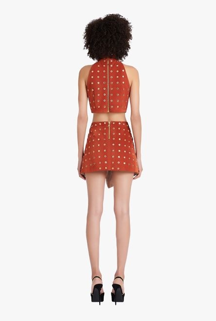 Balmain x Netflix -Short terracotta and golden suede skirt - 3