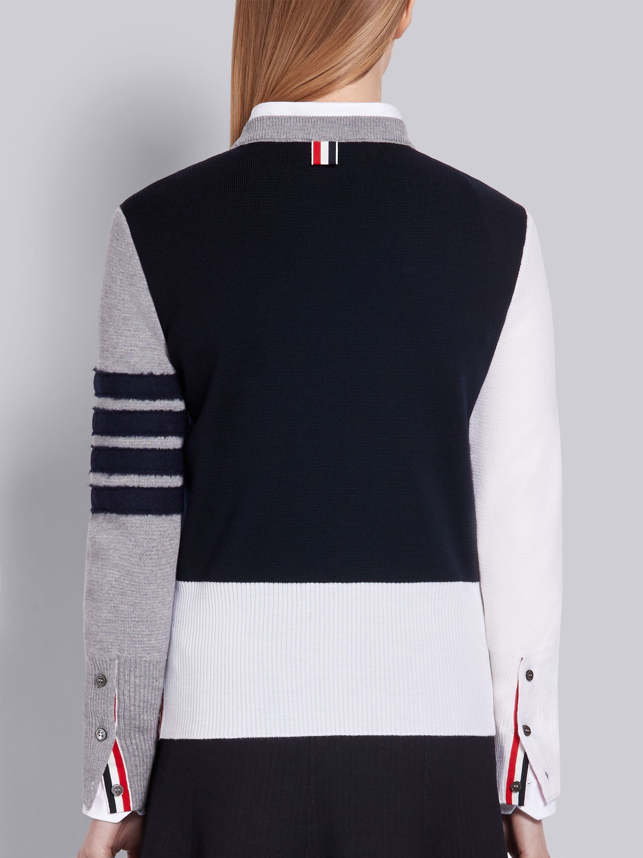 Navy Fun-mix Milano Stitch Fine Merino Wool Crewneck Shetland Tonal 4-Bar Pullover - 3