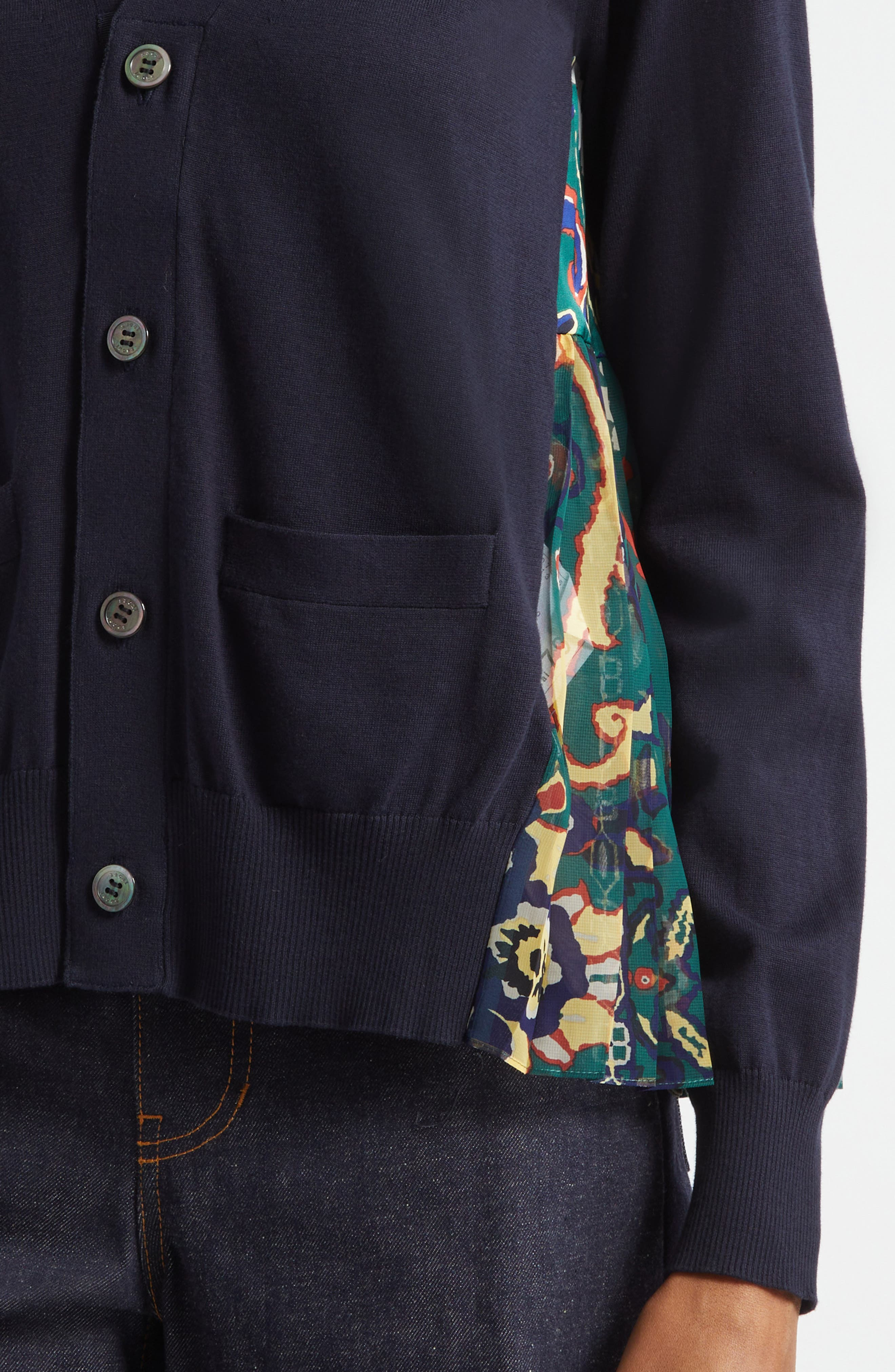 Sacai Floral Panel Mixed Media Cardigan in Navy/Green at Nordstrom - 5