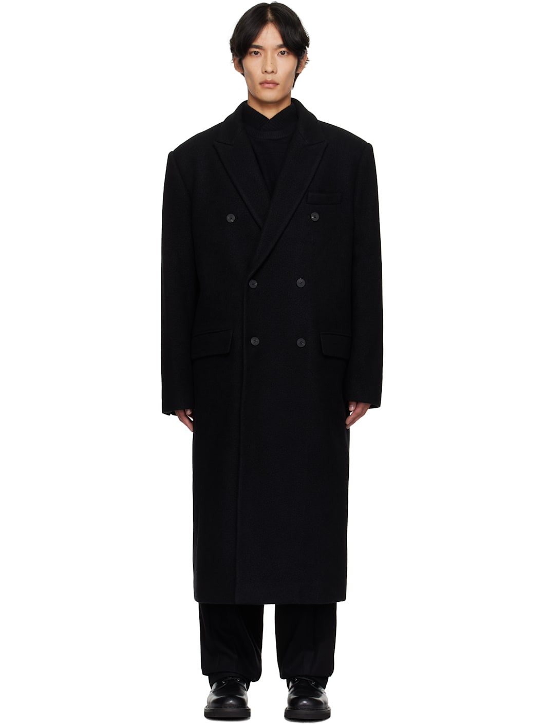 Black Double-Breasted Long Coat - 1