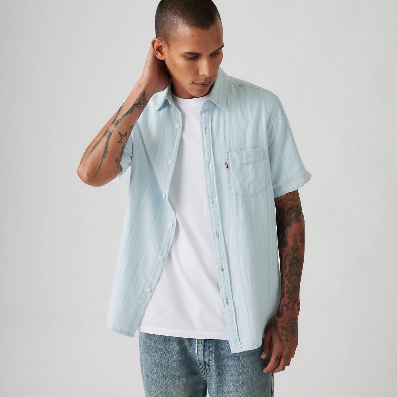 SHORT SLEEVE SUNSET COTTON LINEN ONE POCKET SHIRT - 3
