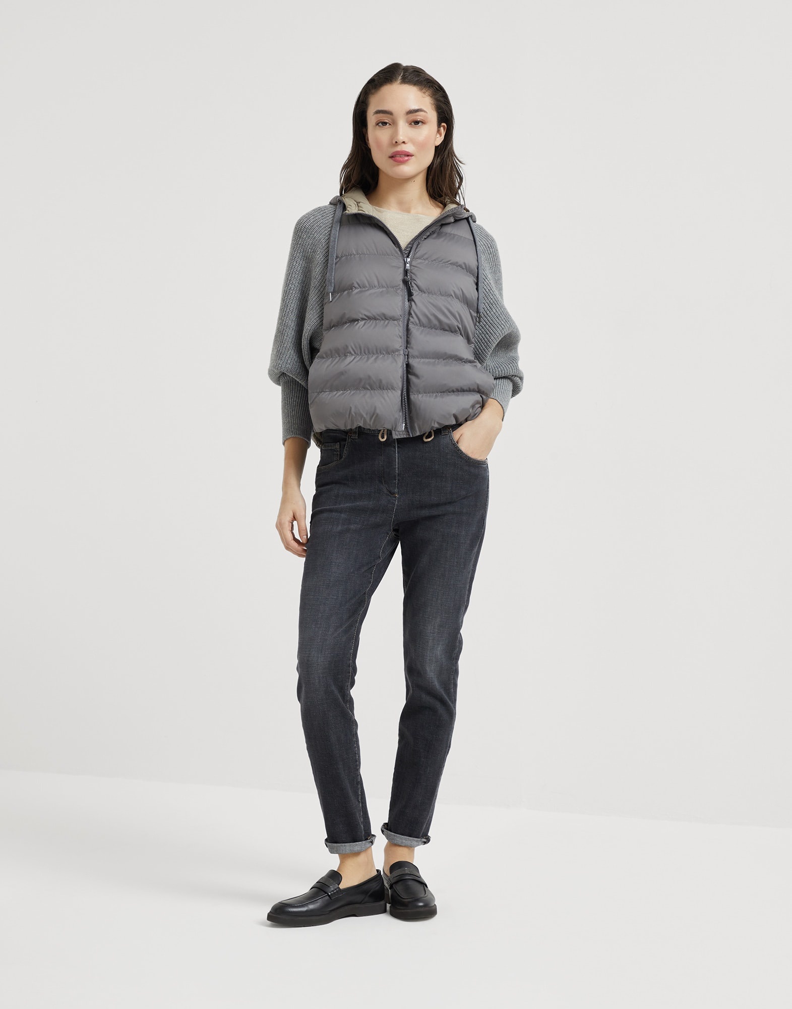 Water-resistant matte nylon hooded down jacket with monili and sleeves in virgin wool, cashmere and  - 5
