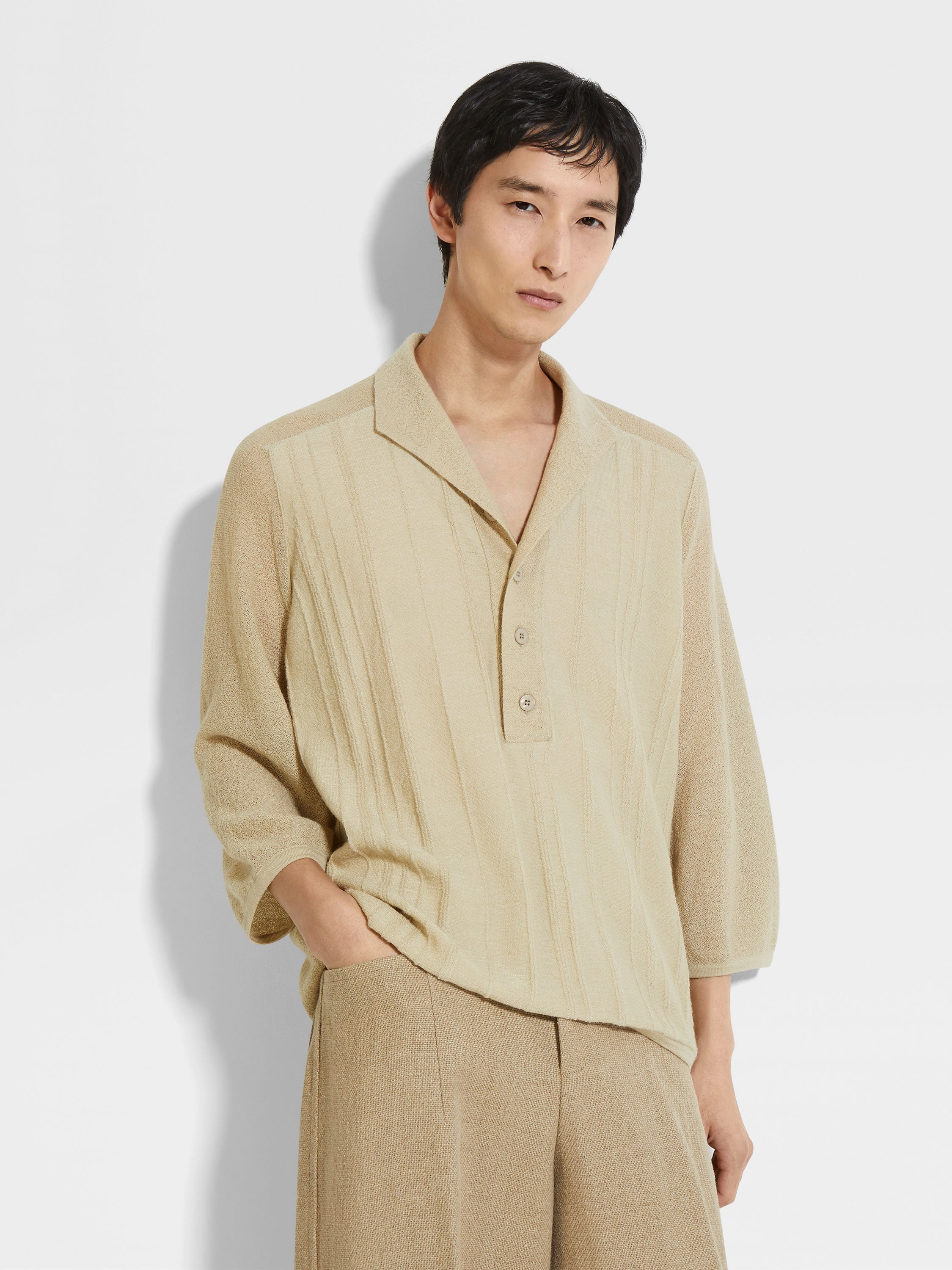 LIGHT BEIGE WOOL BLEND POLO SHIRT - 3