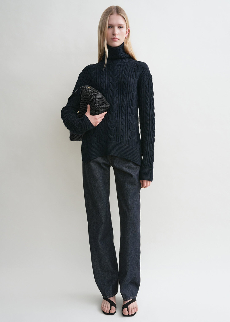 Totême High-neck cable knit navy outlook