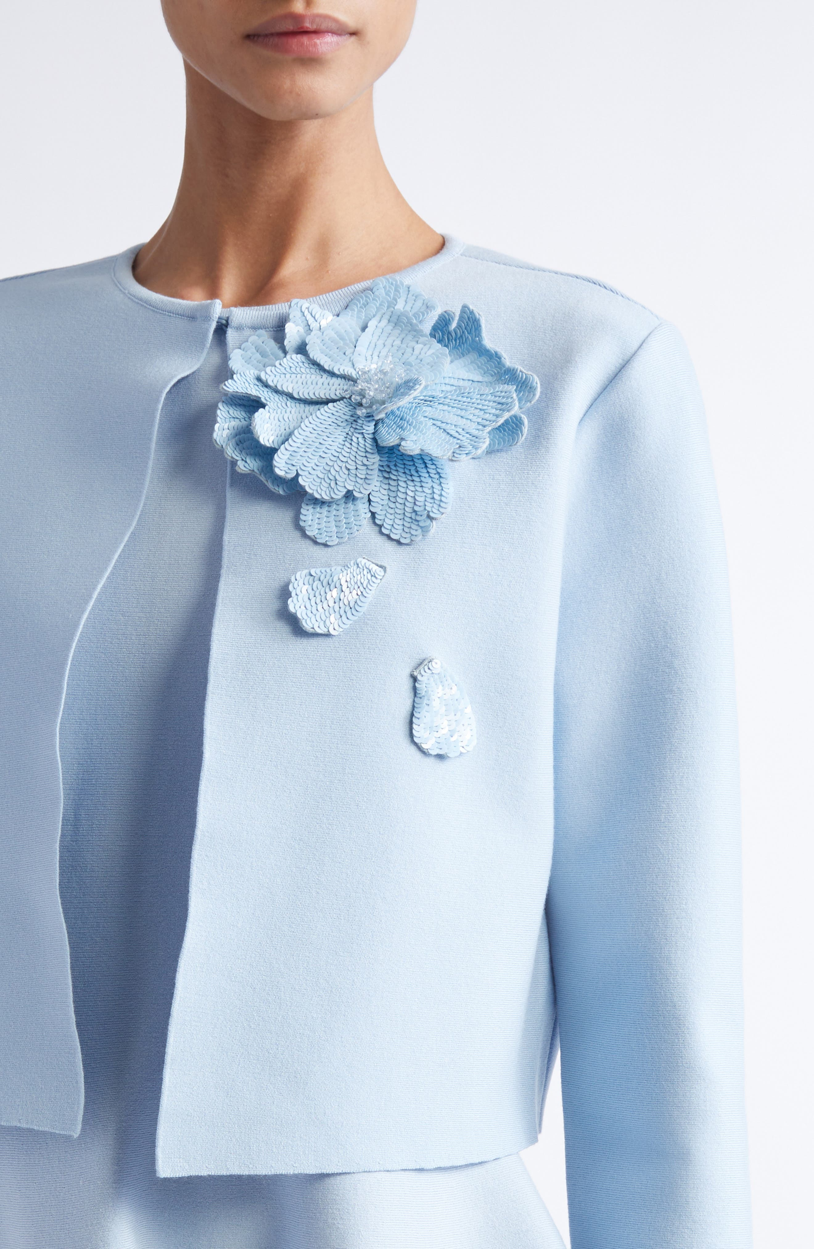 Oscar de la Renta Peony Appliqué Fitted Jacket in Light Blue at Nordstrom - 5