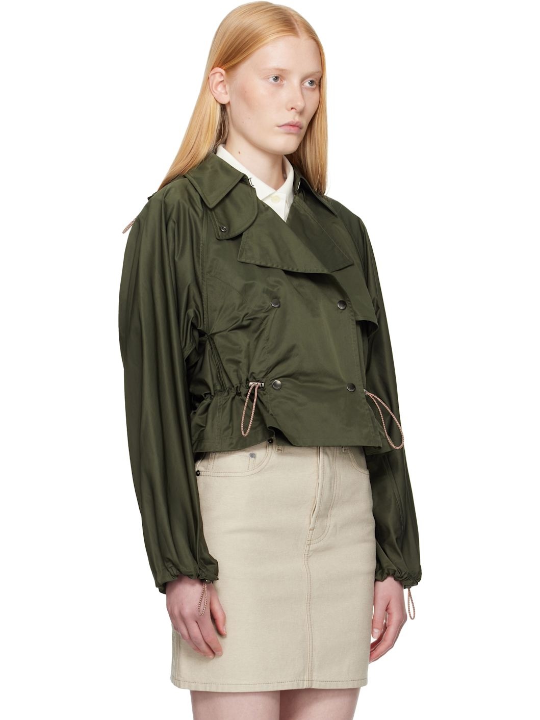 Green Satin Hooded Trench Jacket - 2
