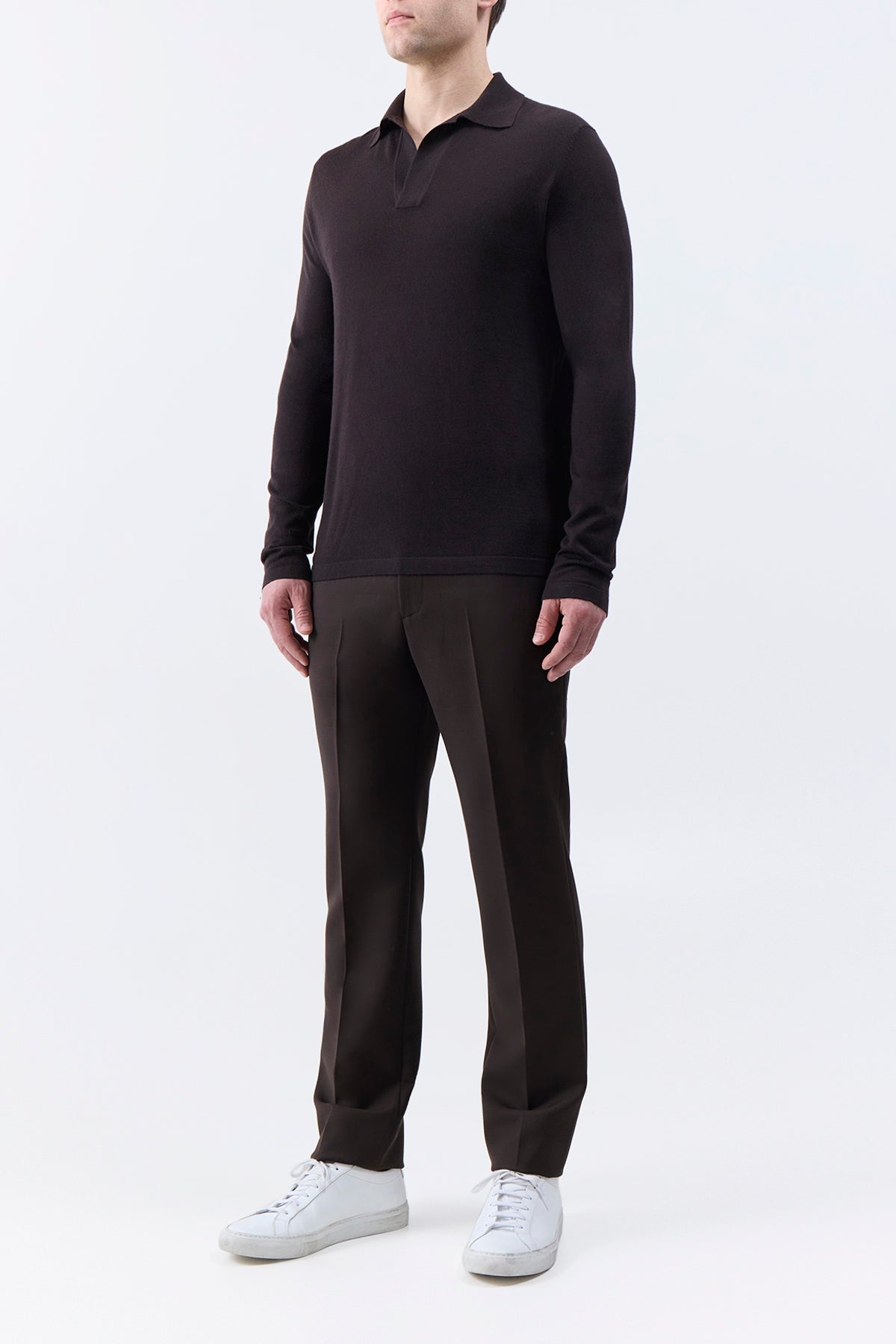 Frome Knit Long Sleeve Polo in Chocolate Cashmere - 3