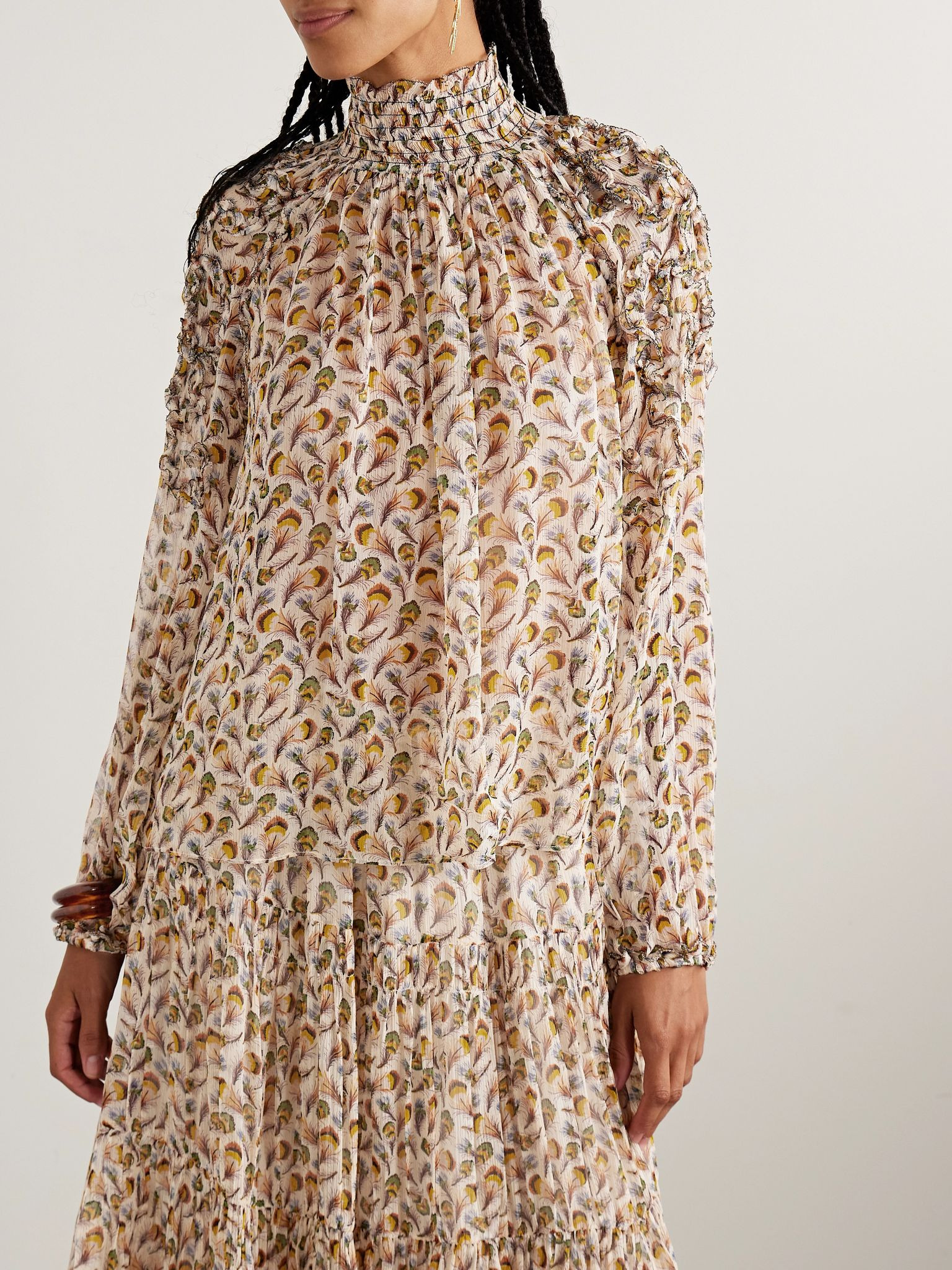Magdalena ruffled printed silk-crepon blouse Cream - 3