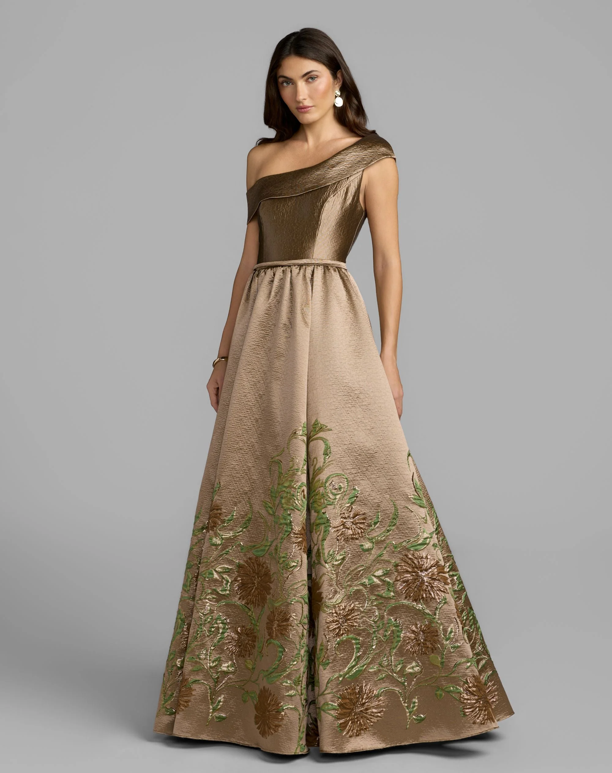 Beige Floral Off The Shoulder Ball Gown - 1