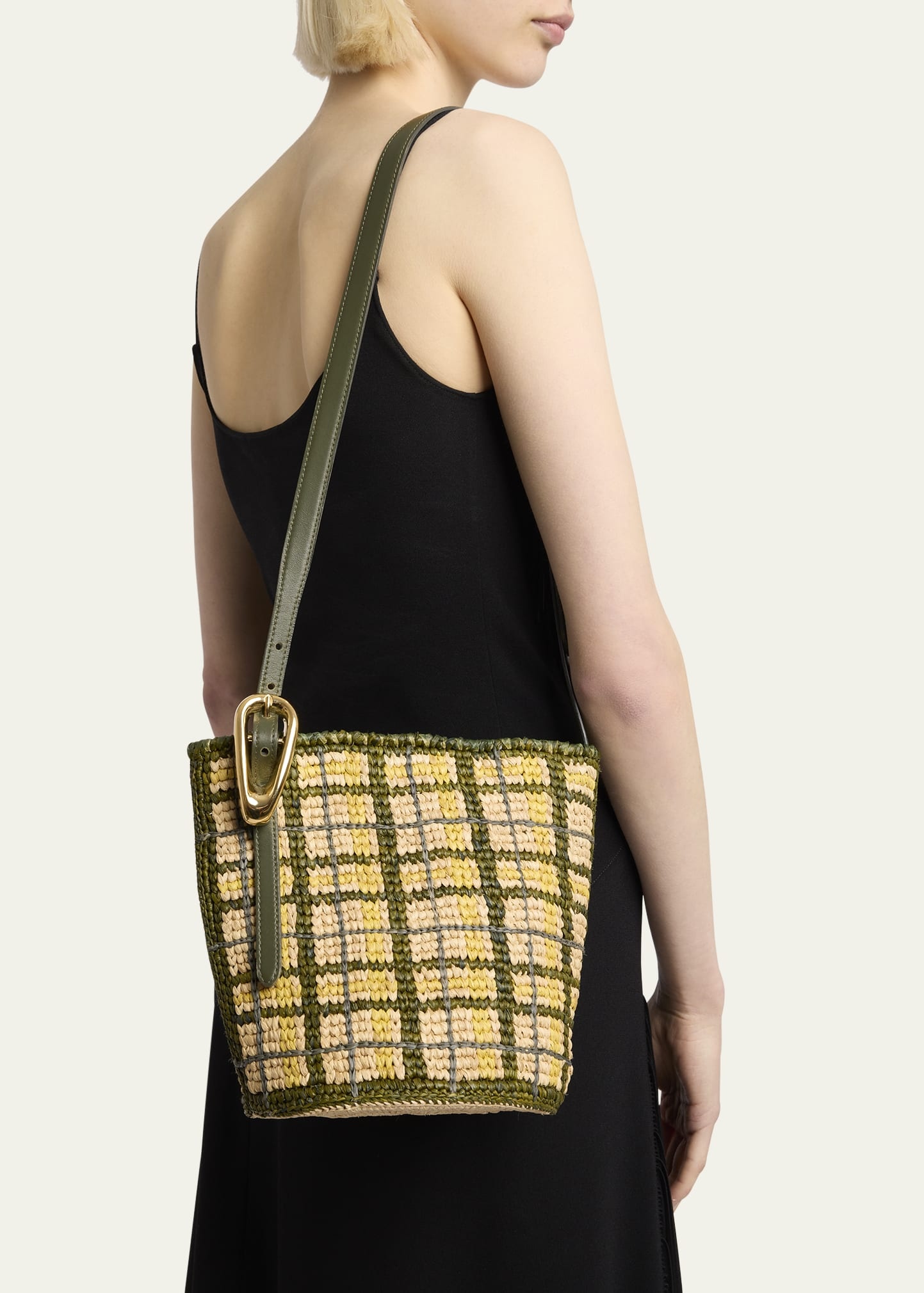 Small Plaid Raffia Bucket Bag - 2