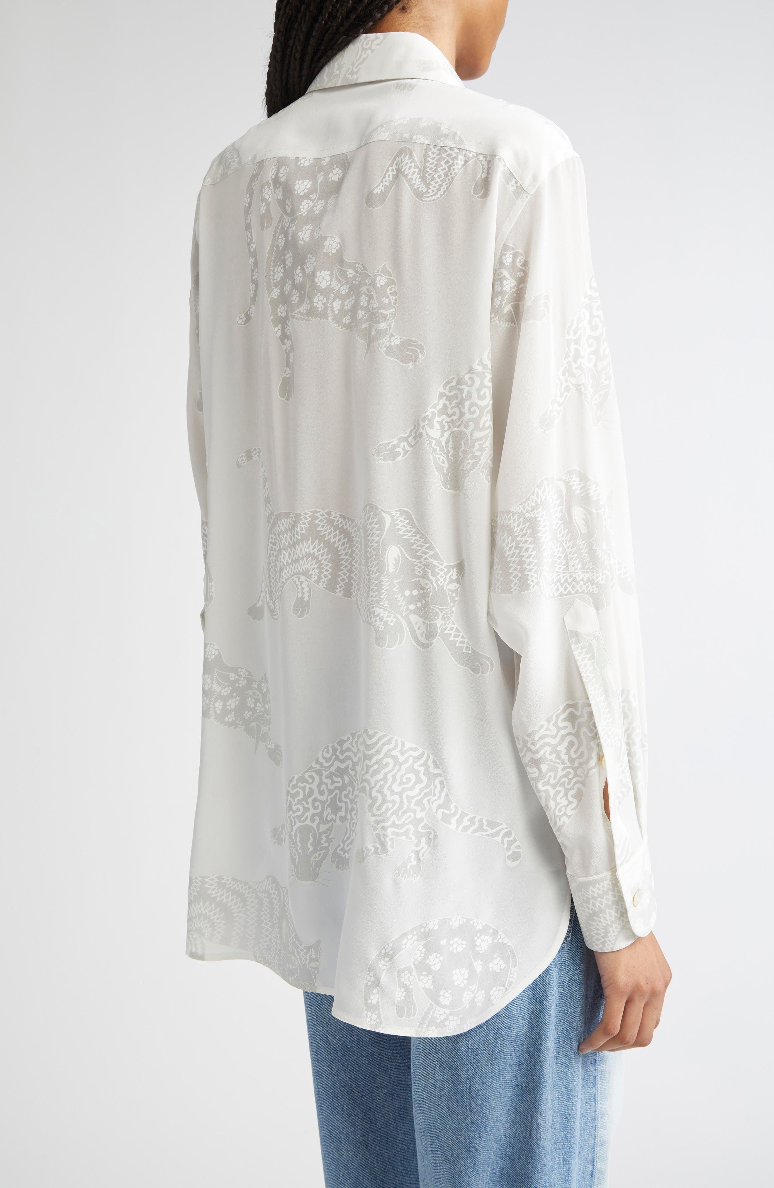 Stella McCartney Wildcat Print Silk Button-Up Shirt in Natural at Nordstrom - 3