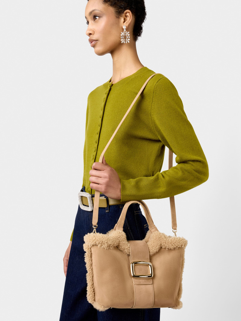 Viv' Choc Shopping Bag in suede and shearling 9