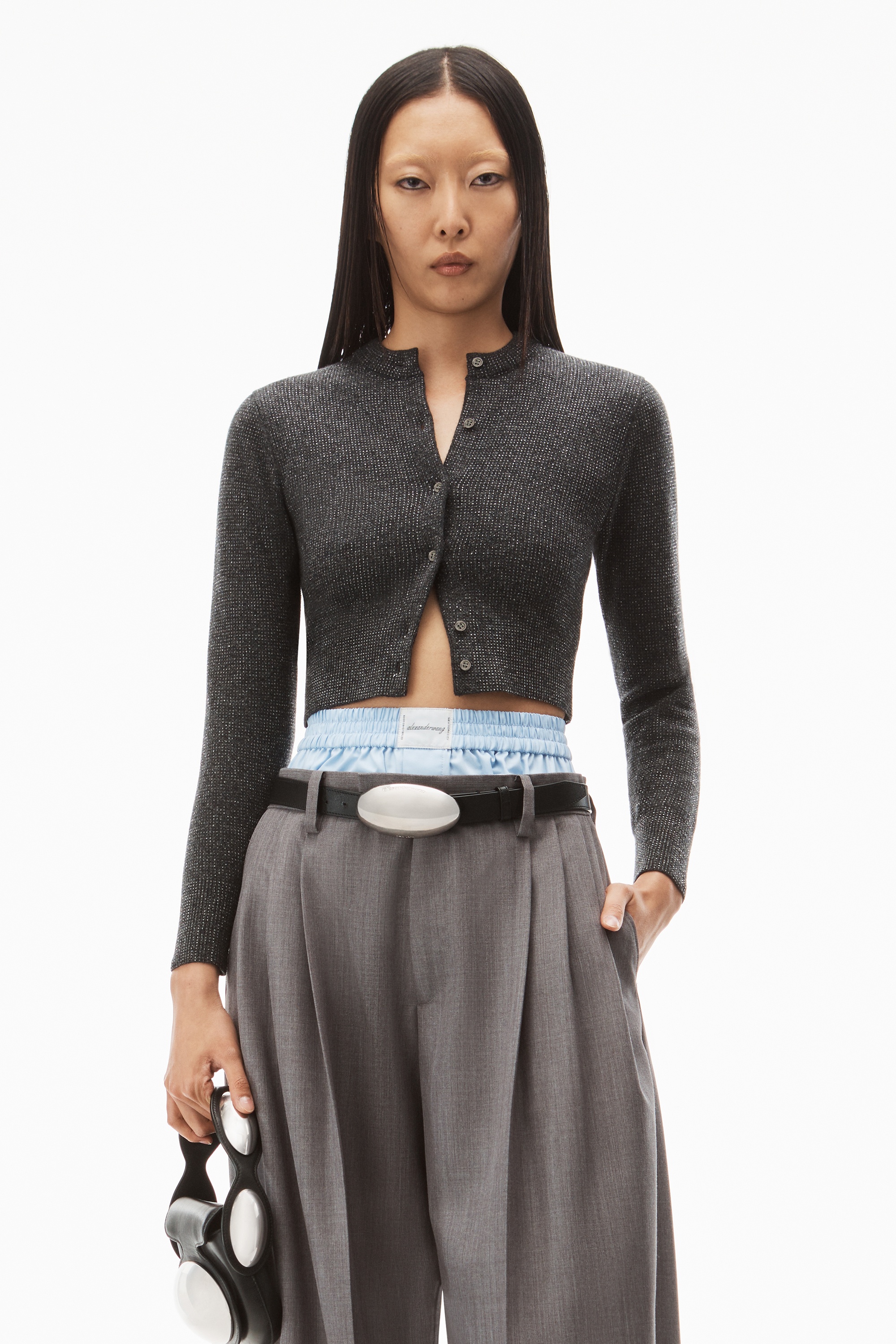 crystal hotfix shrunken cardigan in wool - 2