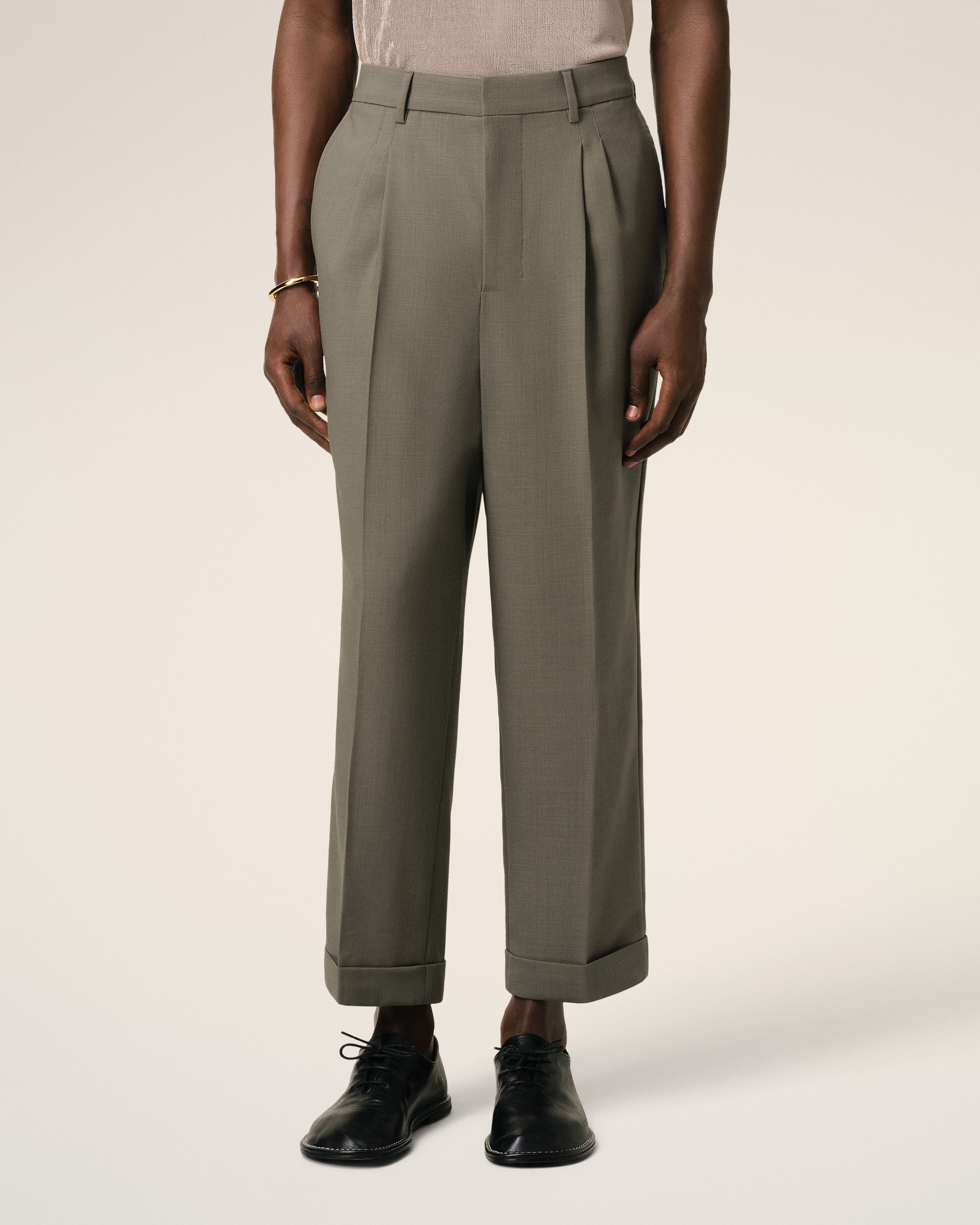TAUPE WOOL CARROT FIT TROUSERS - 3