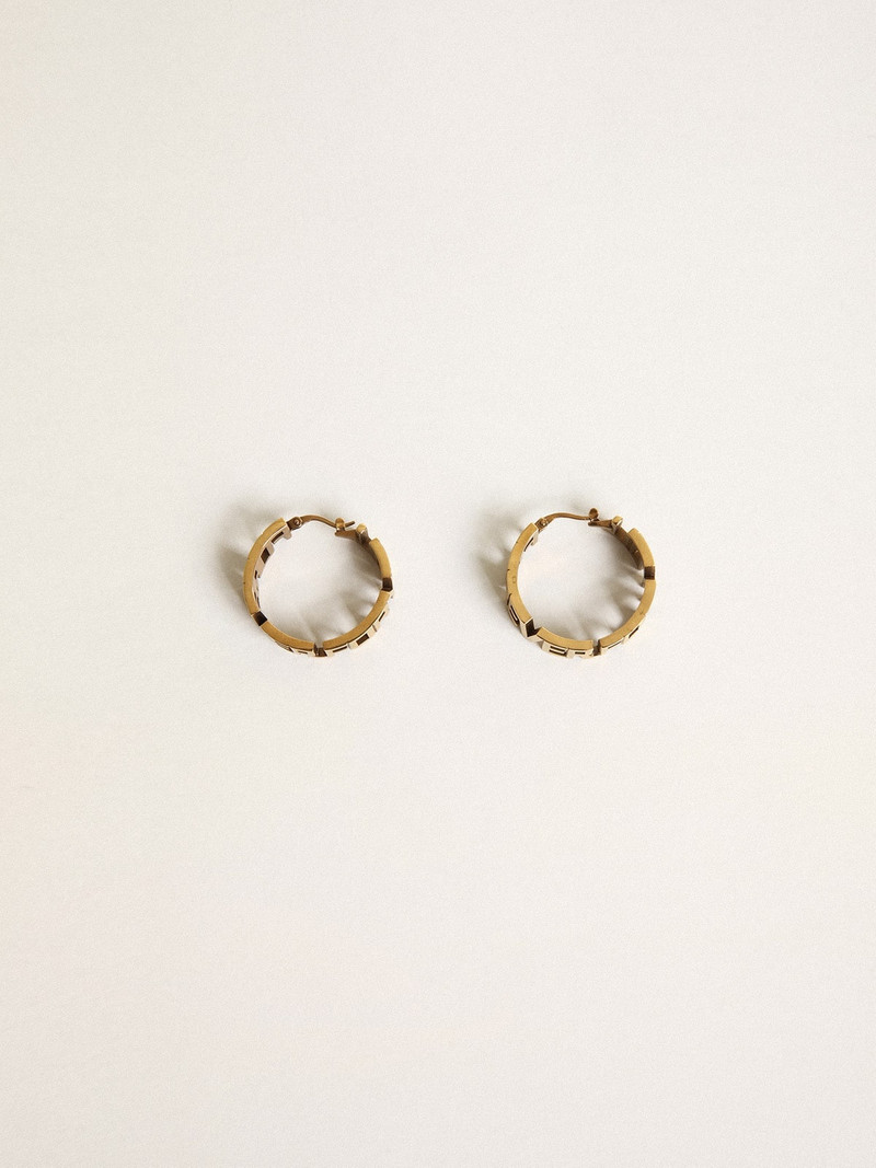 Golden Goose Hoop earrings in antique gold color with Forever For You lettering outlook