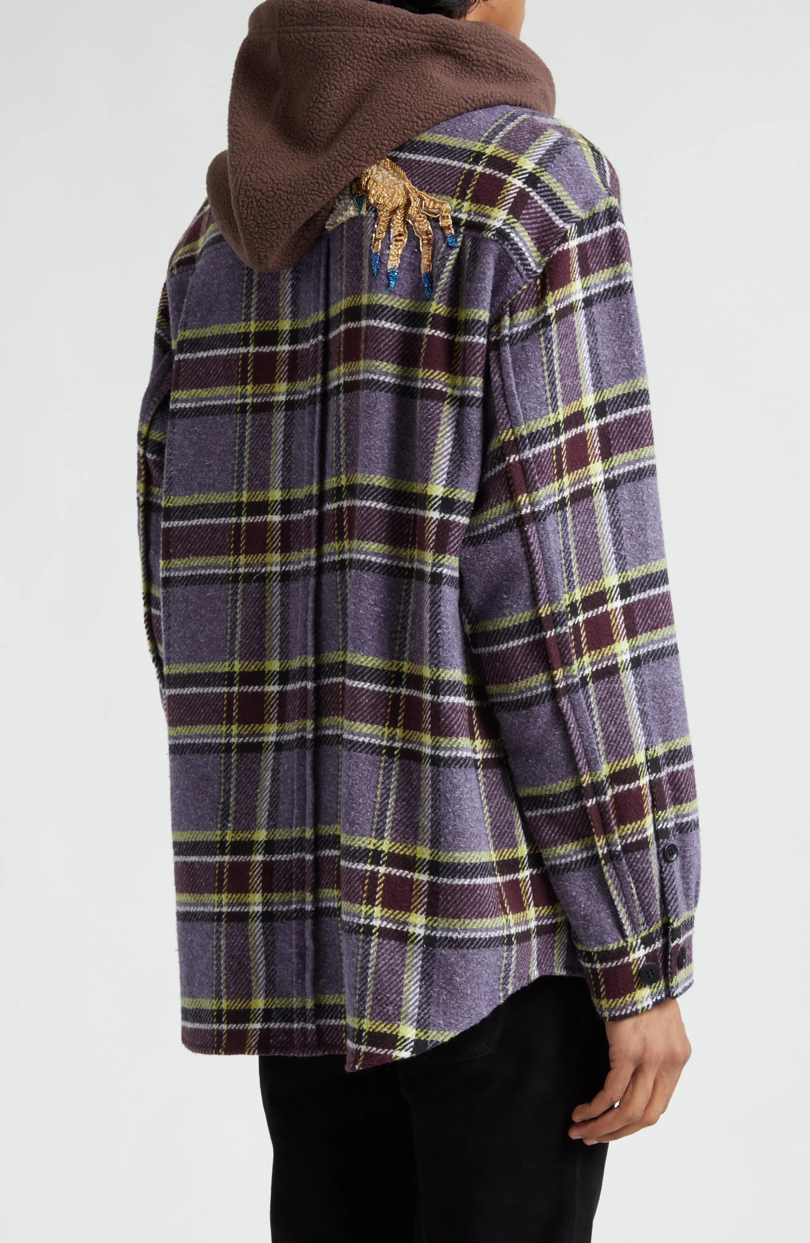 Beaded Hooded Plaid Button-Up Shirt - 3