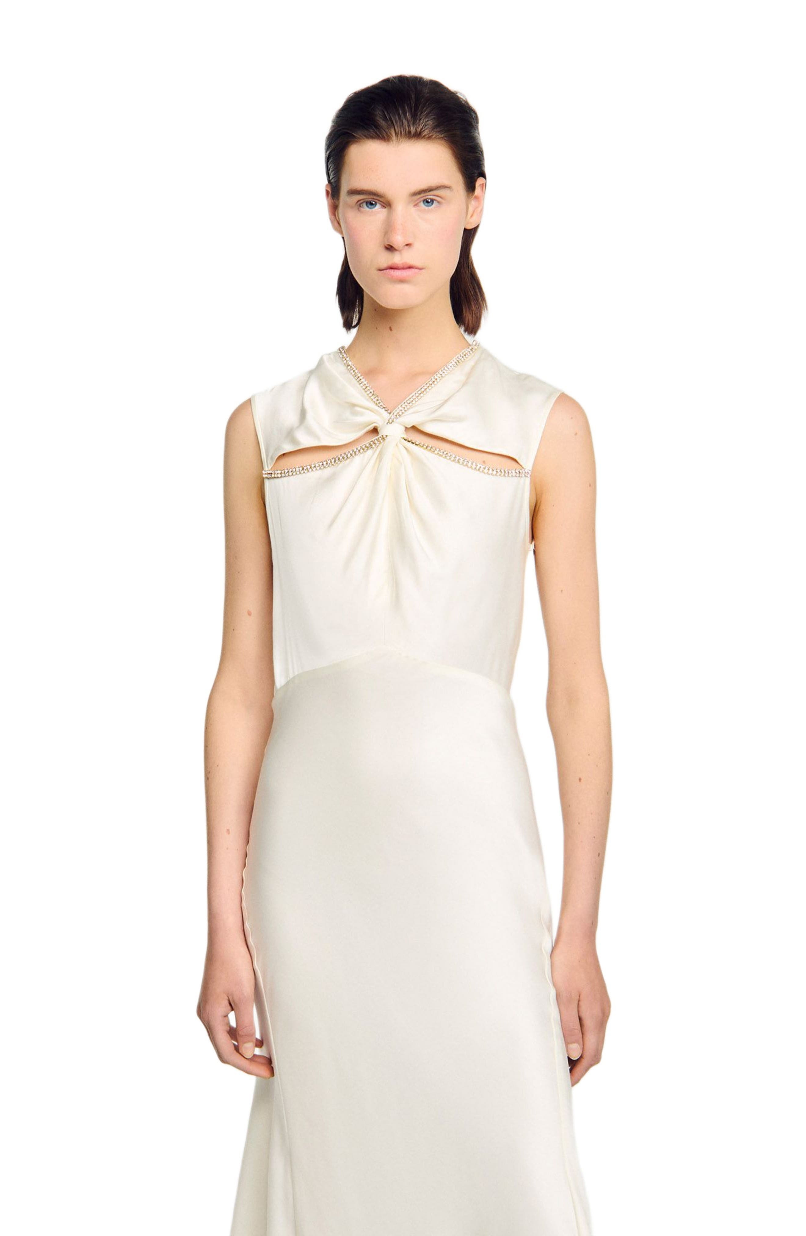 SANDRO Satin maxi dress with rhinestones in Ecru at Nordstrom - 3