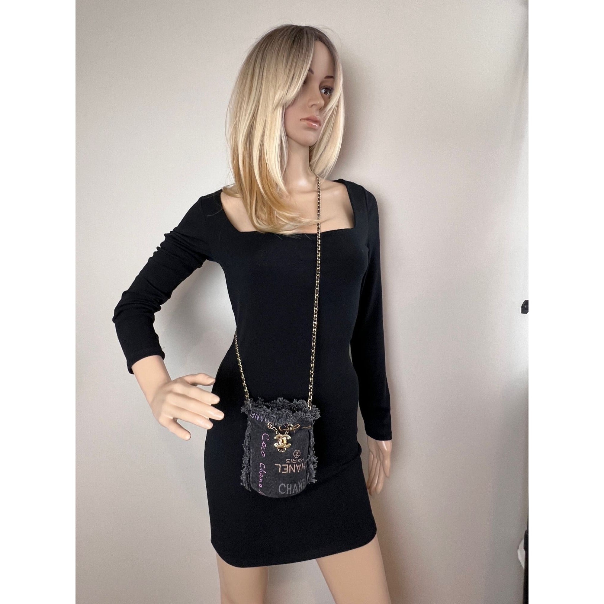 Chanel Denim Quilted Mood Mini Bucket With Chain Black - 10