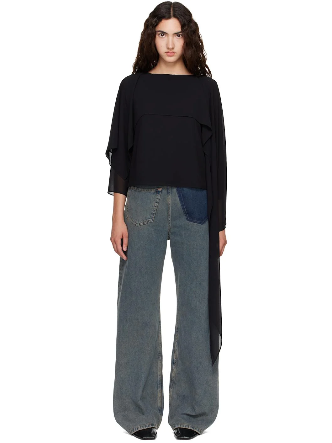 Black Chiffon Long-Sleeved Blouse - 1