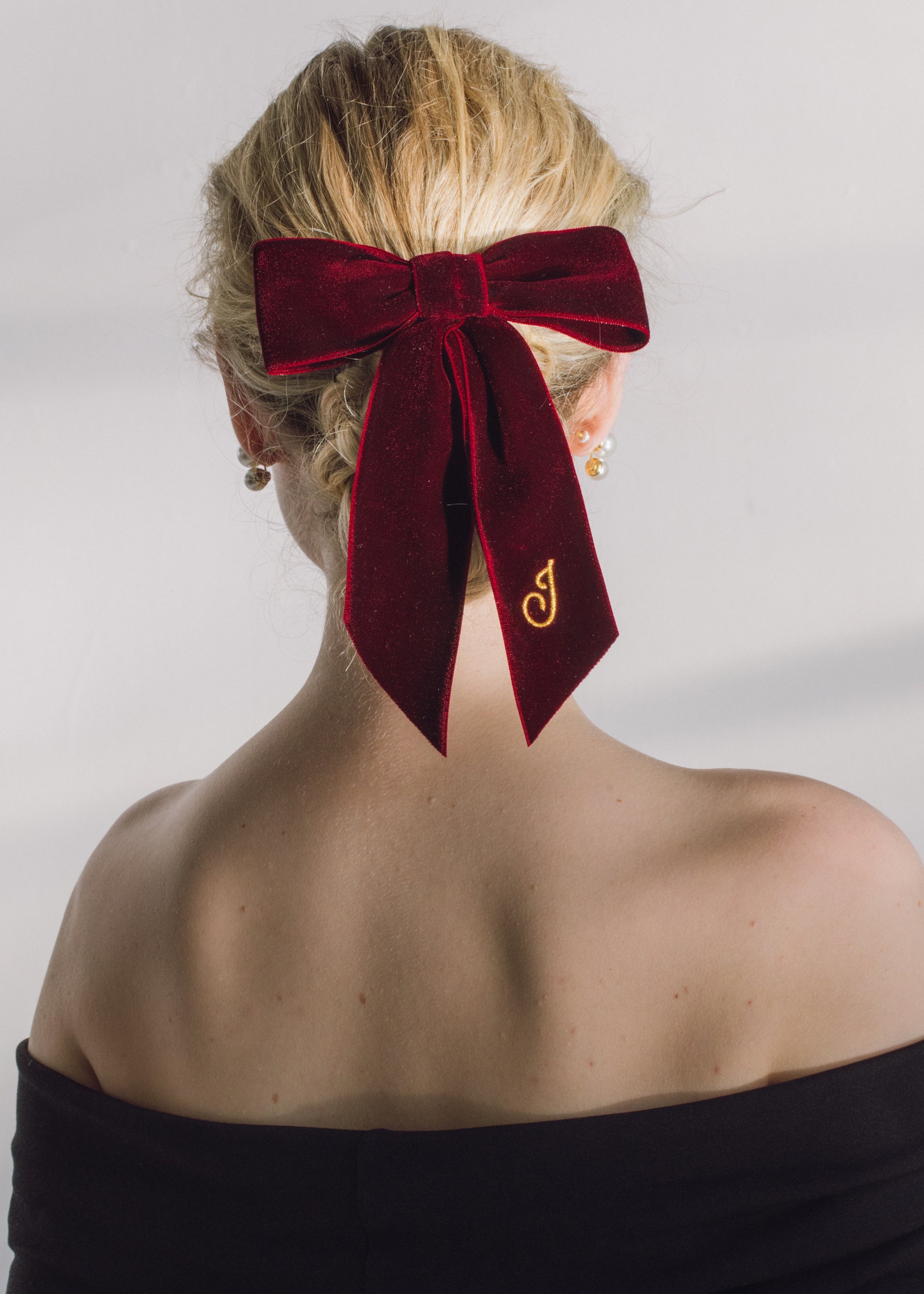 Initial Wide Velvet Bow Barrette - 2